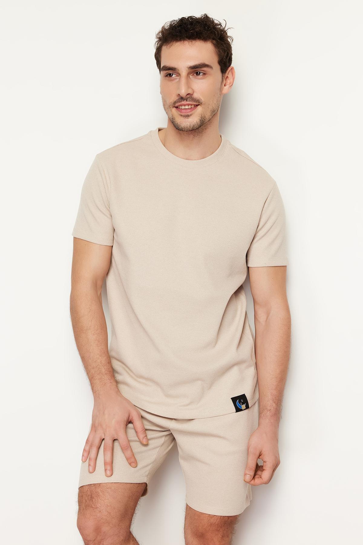 Beige Waffle Knitted Pyjamas Set, , large image number 0