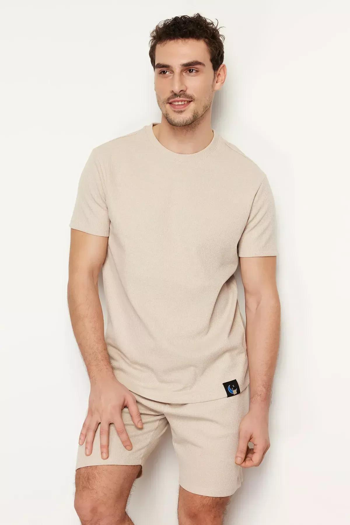 طقم بيجاما مُحاك من نسيج بنمط متشابك، بيج, Beige, medium