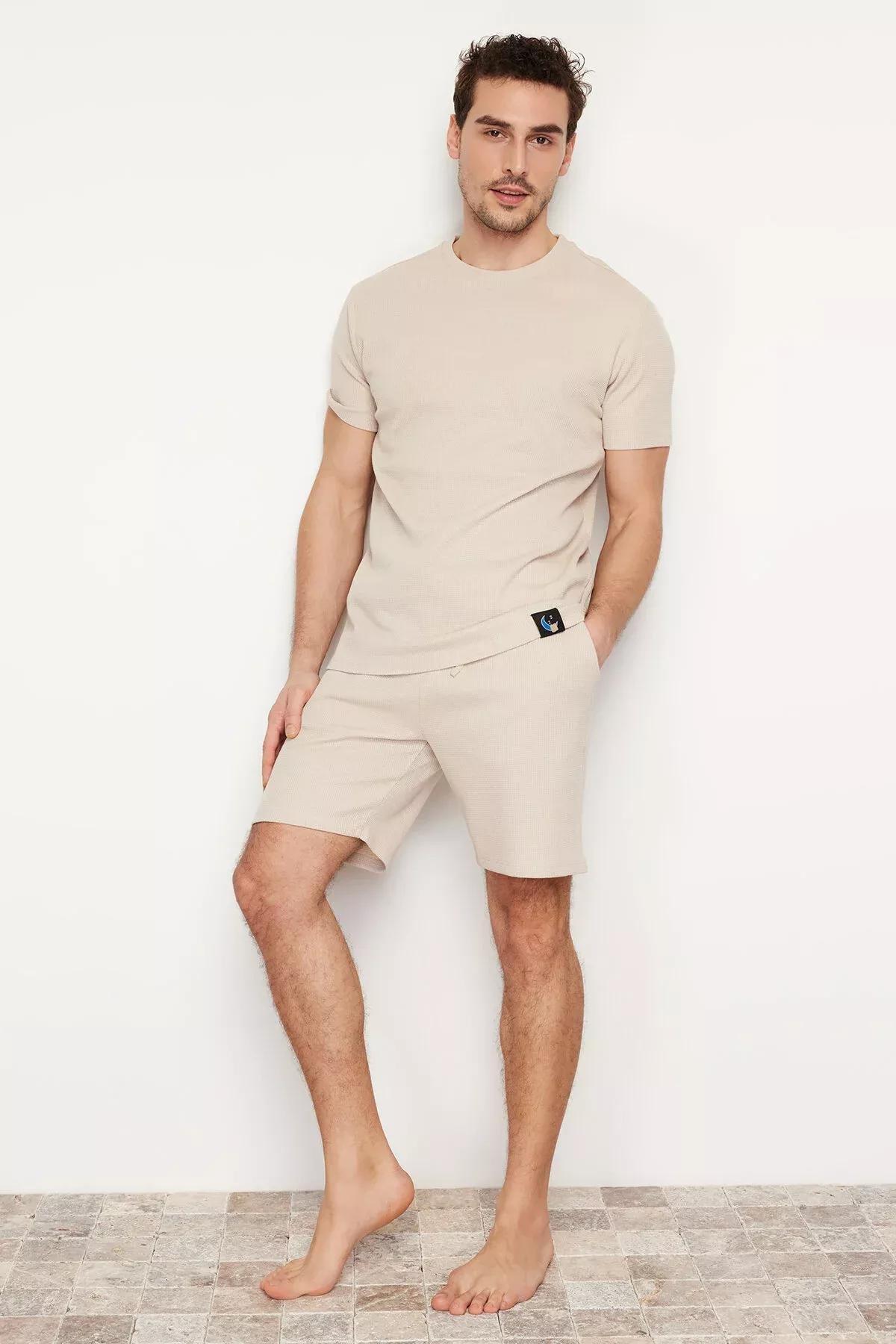 Beige Waffle Knitted Pyjamas Set, Beige, large image number 1