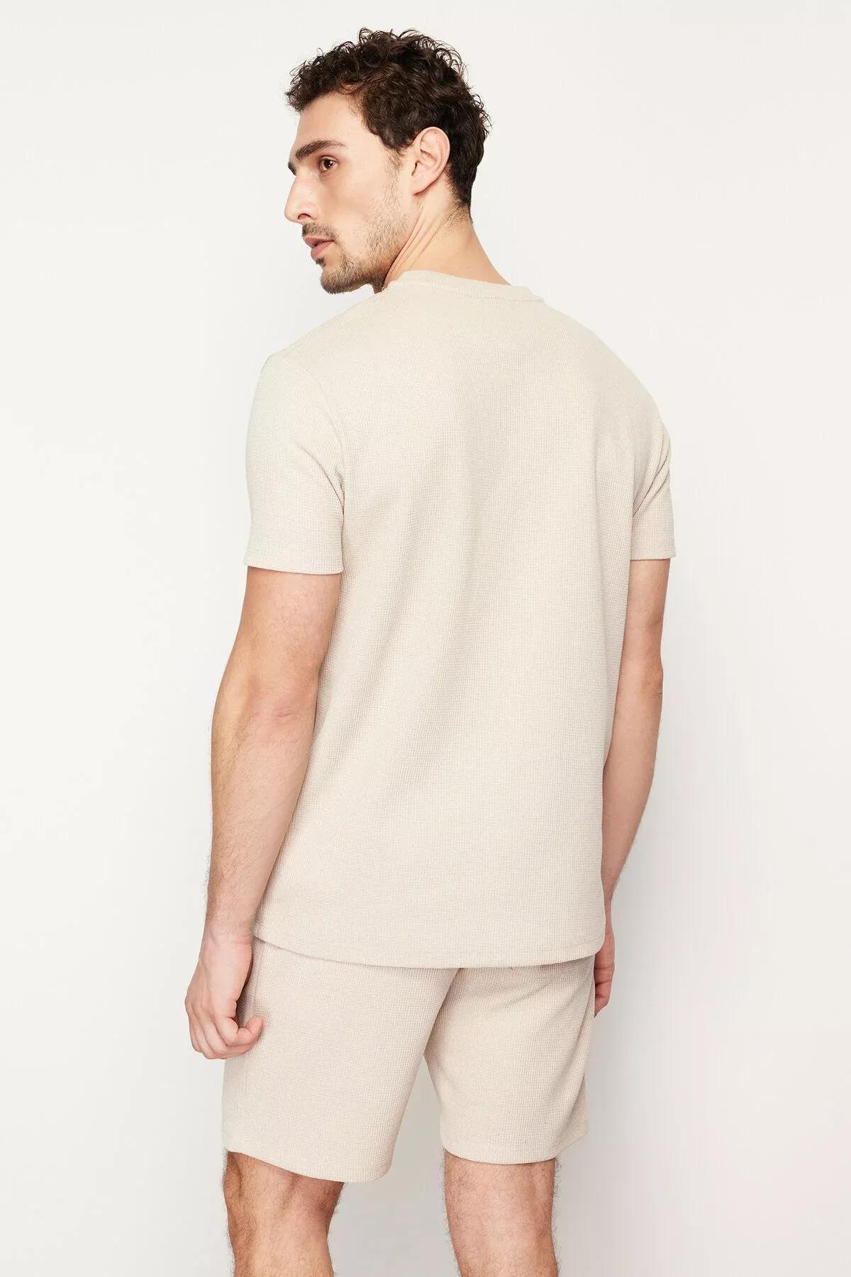 Beige Waffle Knitted Pyjamas Set, Beige, large image number 4
