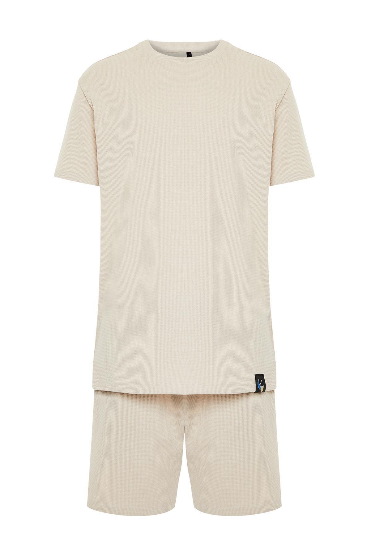 Beige Waffle Knitted Pyjamas Set, , large image number 5