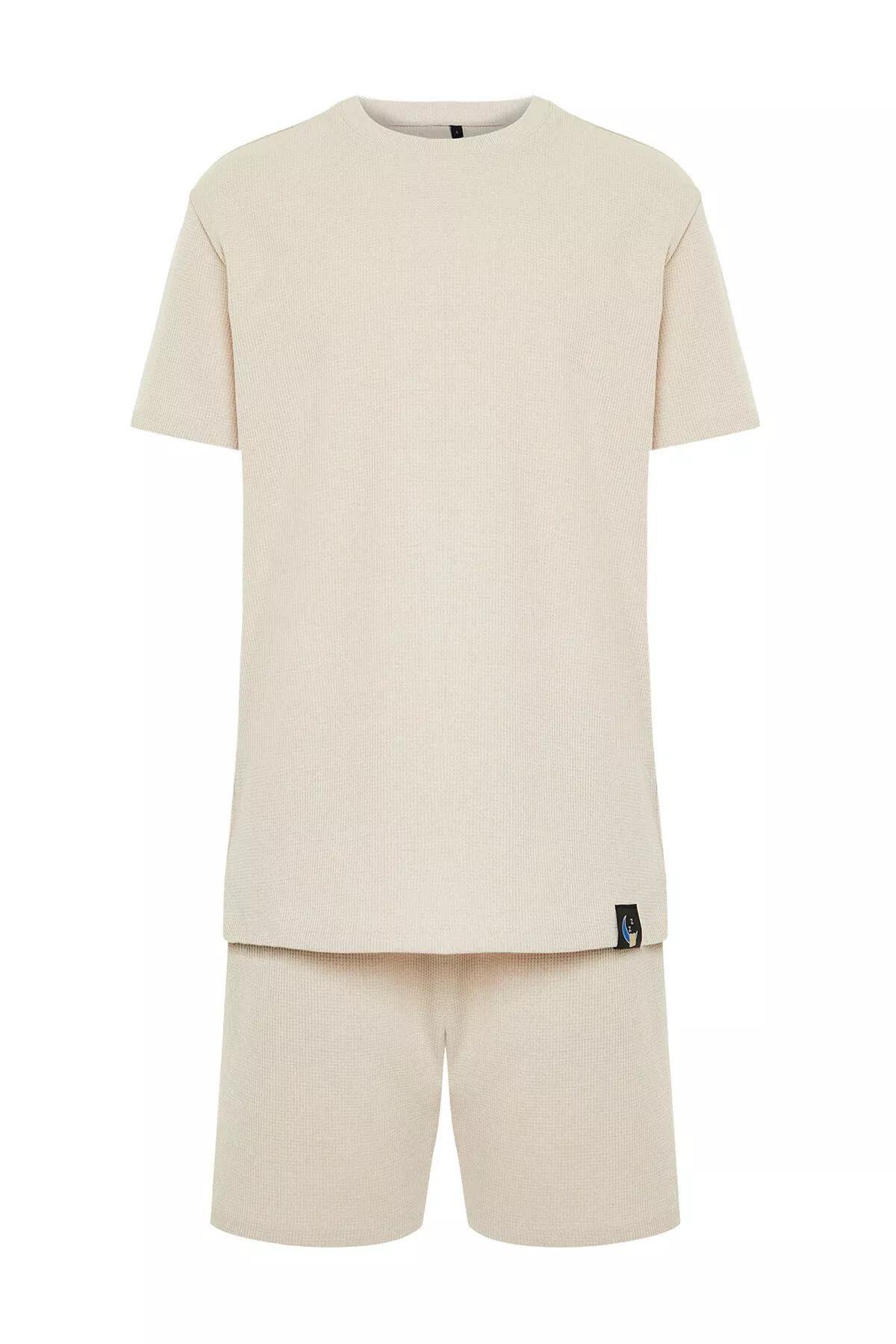 Beige Waffle Knitted Pyjamas Set, Beige, large image number 5