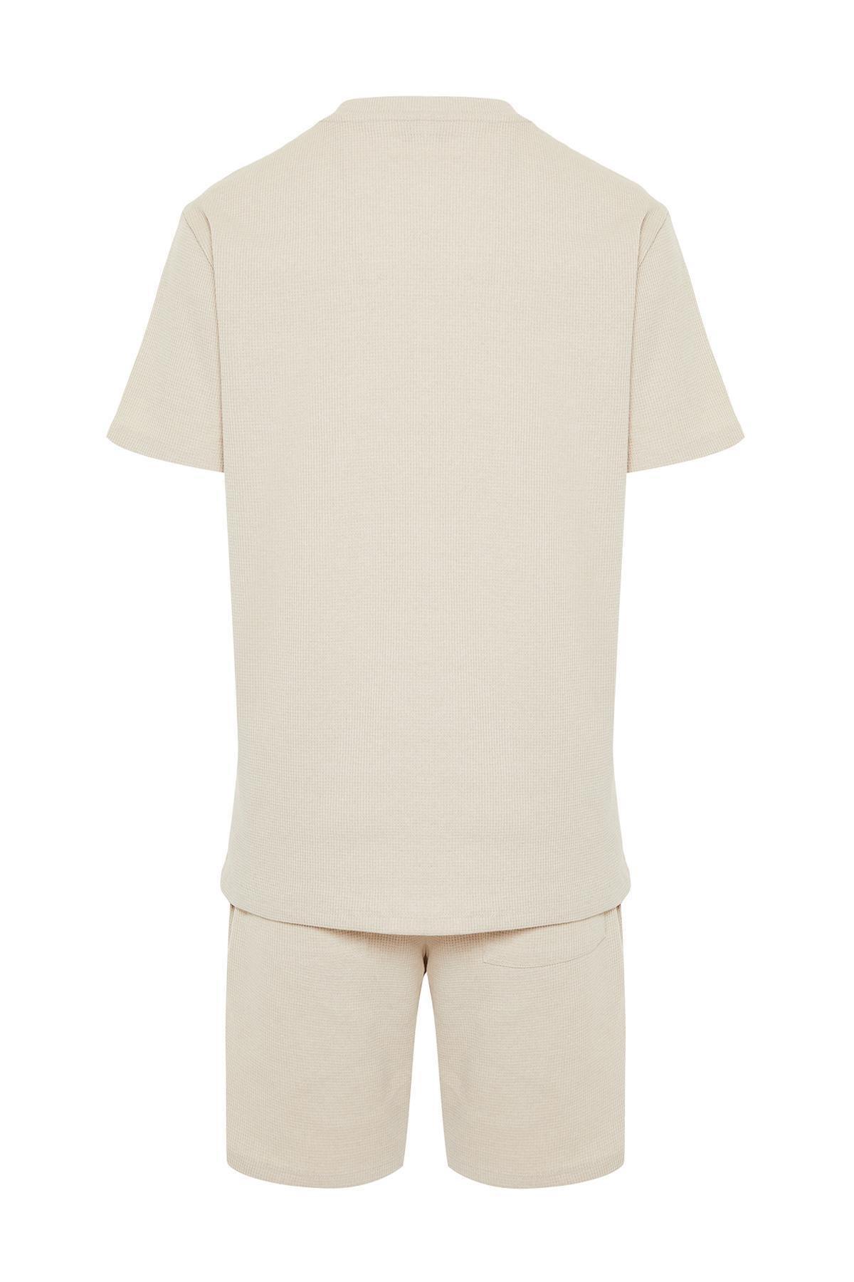 Beige Waffle Knitted Pyjamas Set, , large image number 6