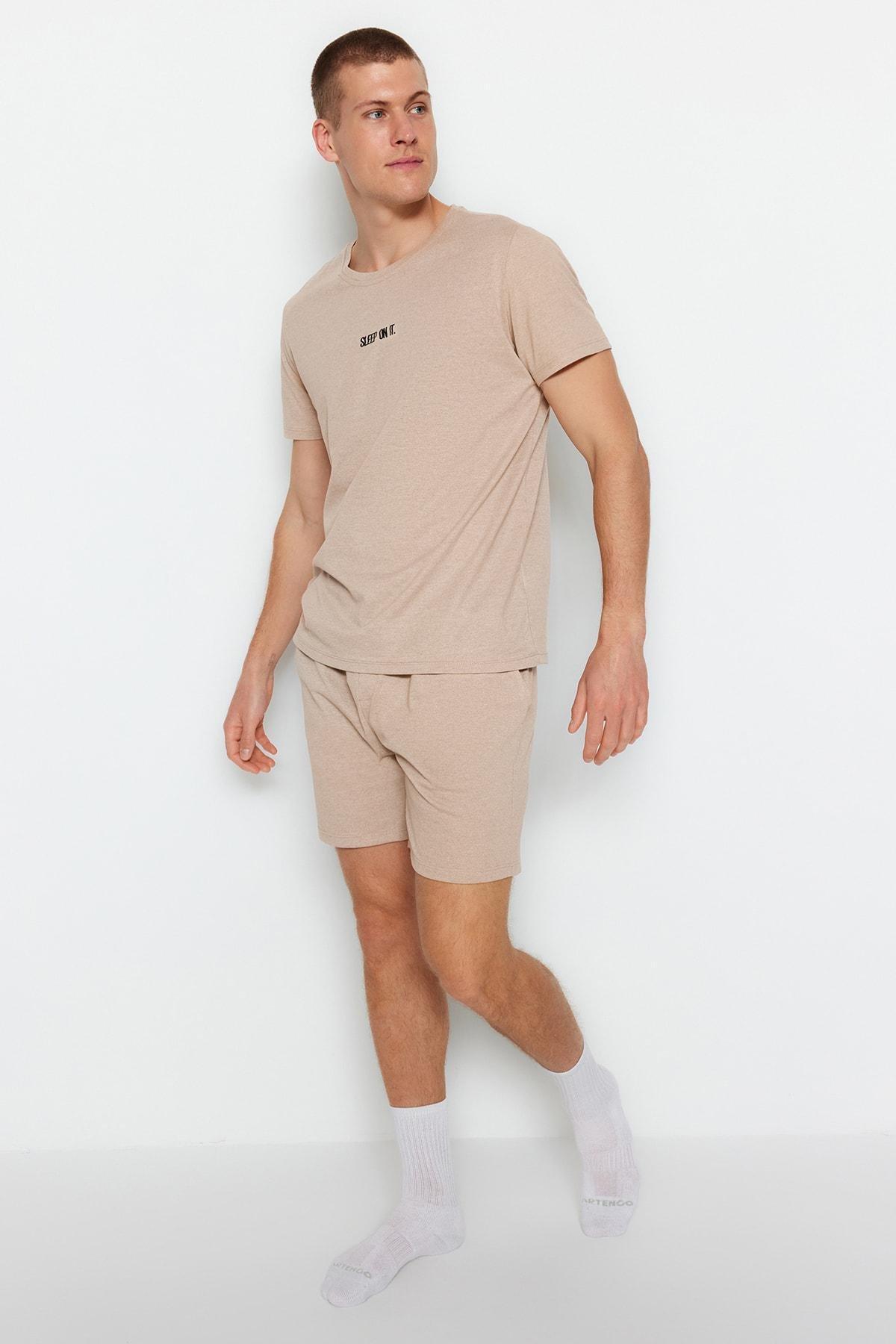 Beige Crew Neck Pajama Set, , large image number 1