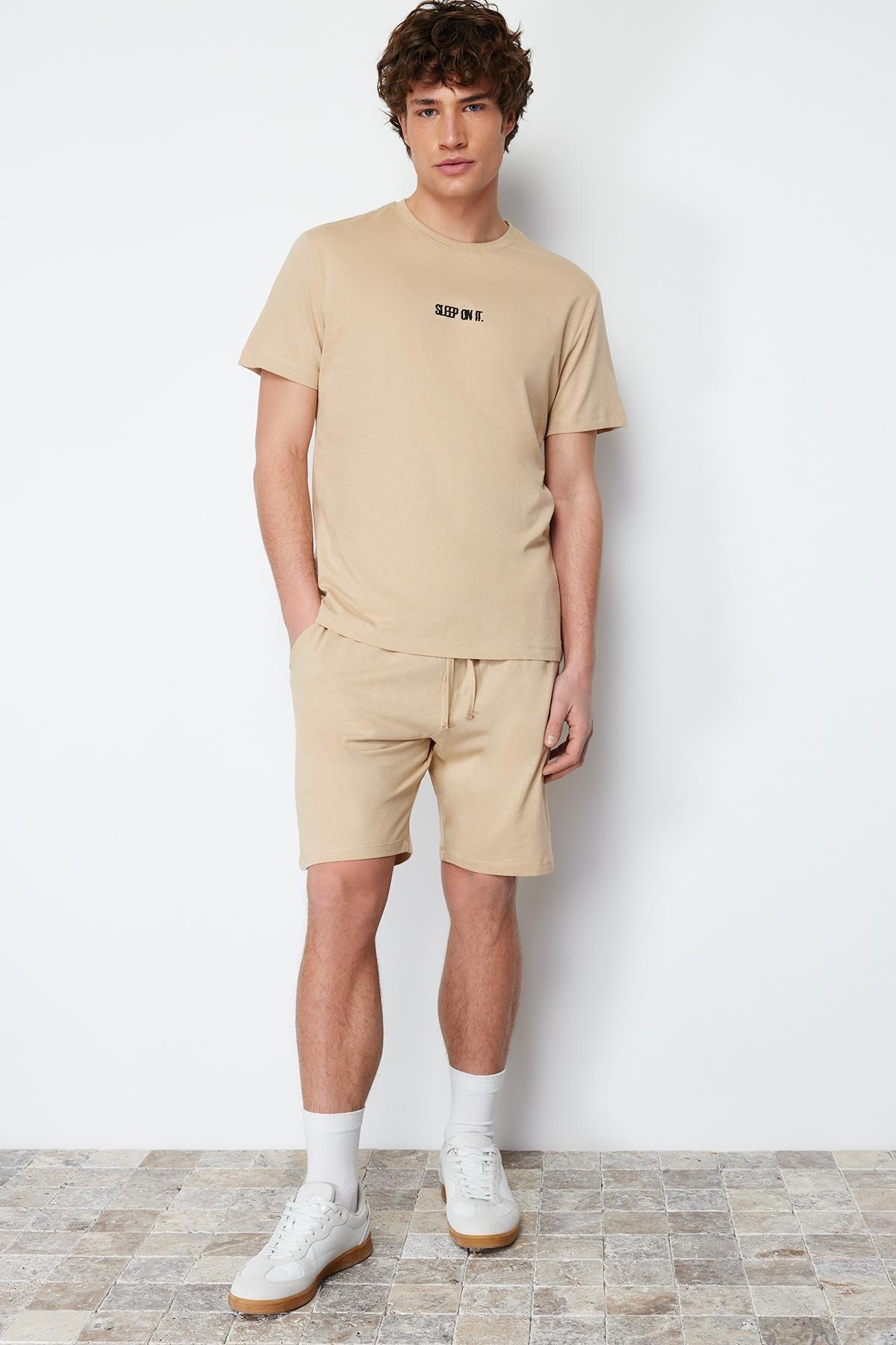 Beige Crew Neck Pajama Set, , large image number 2