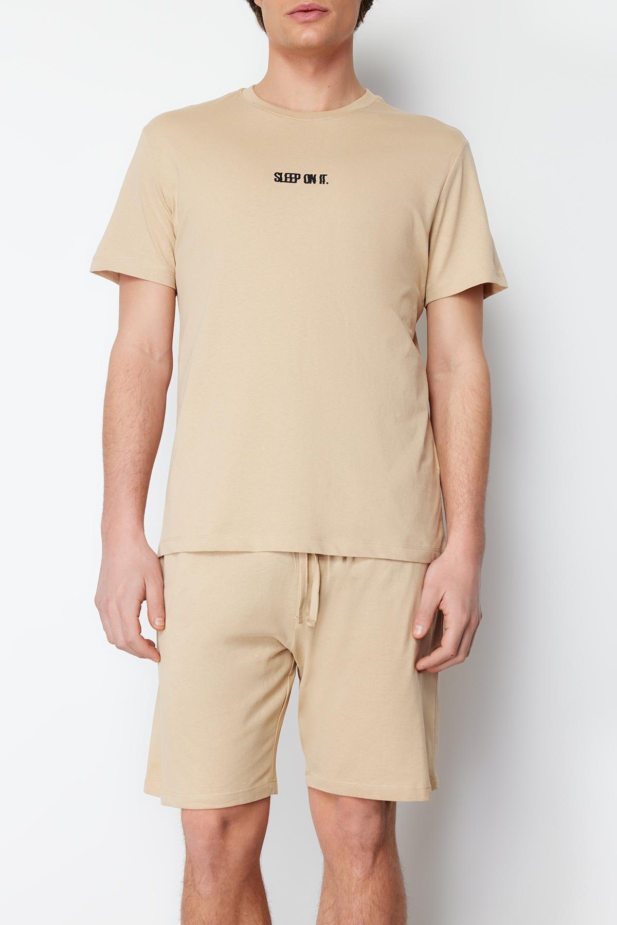 Beige Crew Neck Pajama Set, , large image number 5