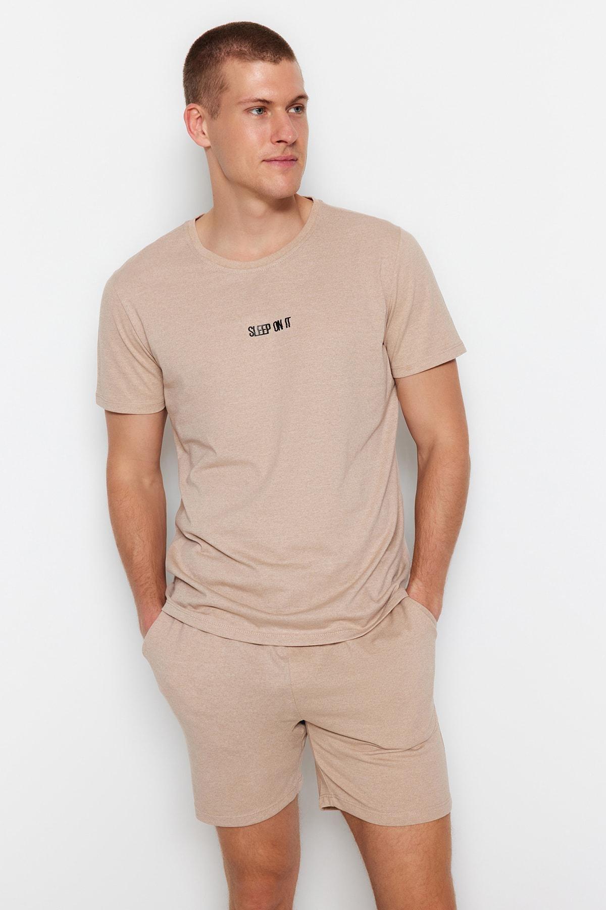 Beige Crew Neck Pajama Set, , large image number 7
