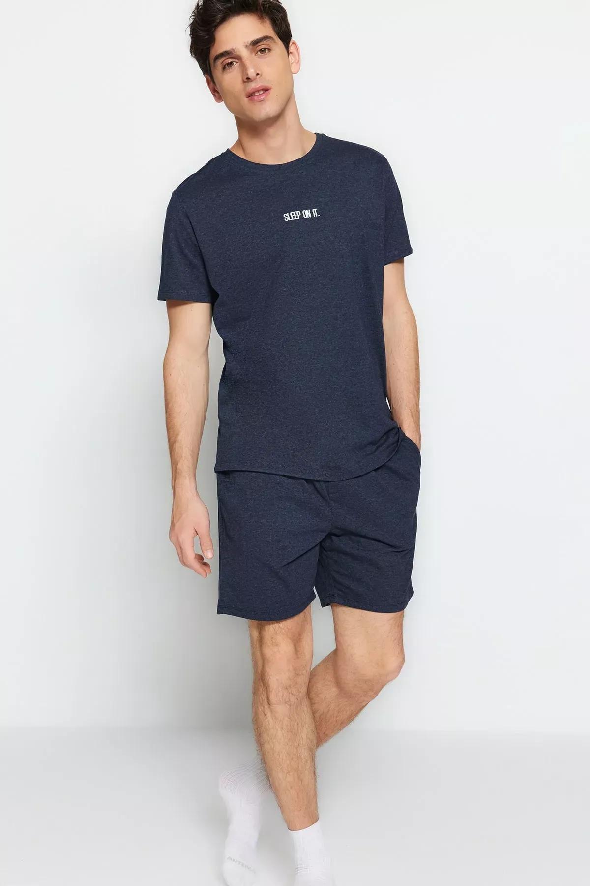 طقم بيجاما بفتحة رقبة مستديرة، كحلي, Dark blue, medium