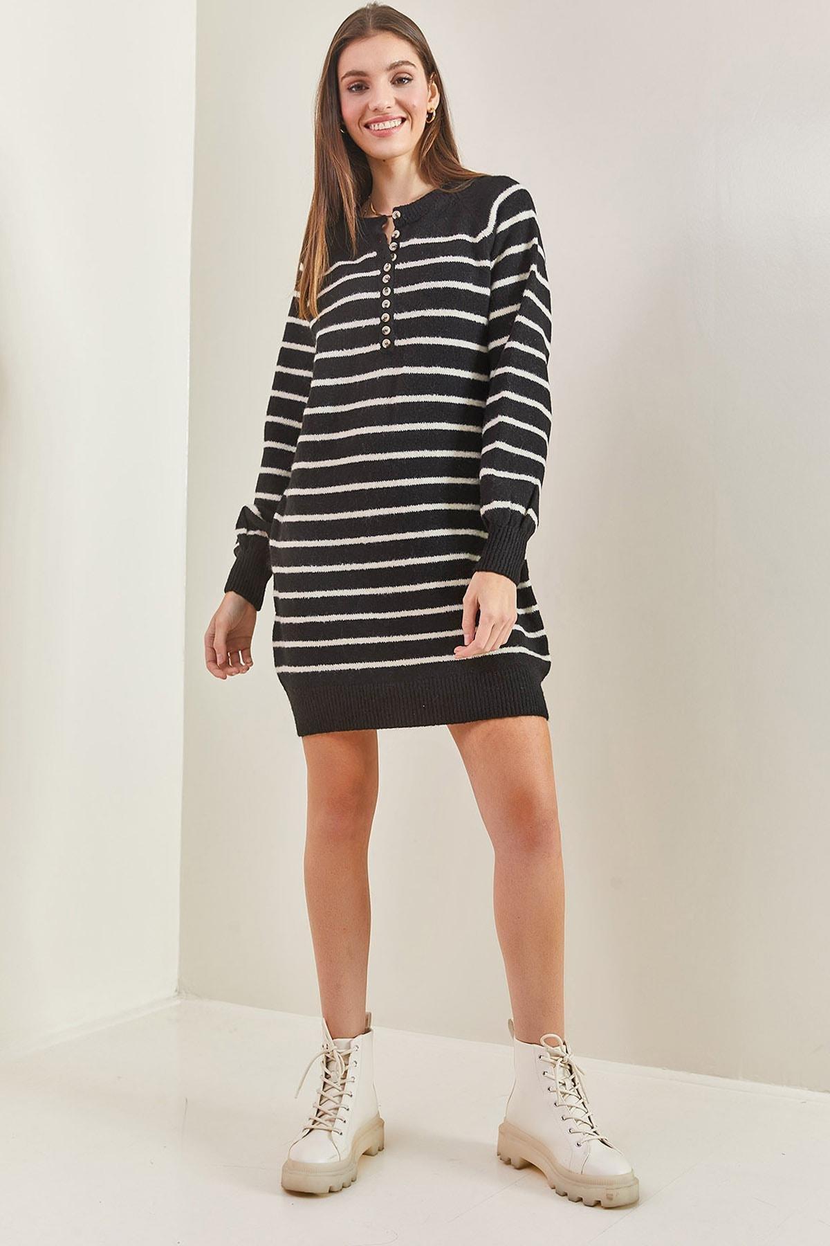 Multicolour Striped Buttoned Soft Knitted Dress, C101_1458, large image number 0
