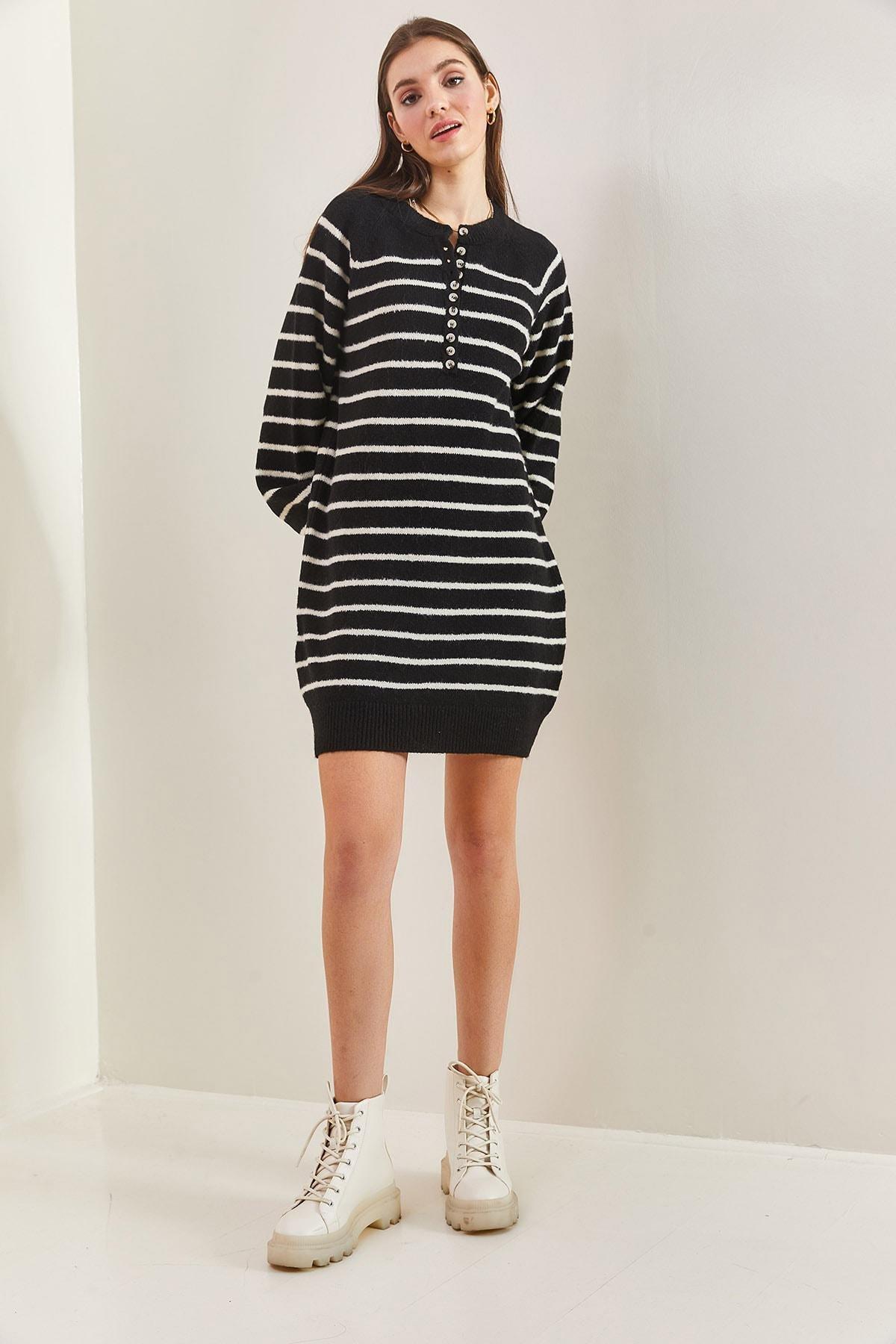 Multicolour Striped Buttoned Soft Knitted Dress, C101_1458, large image number 4