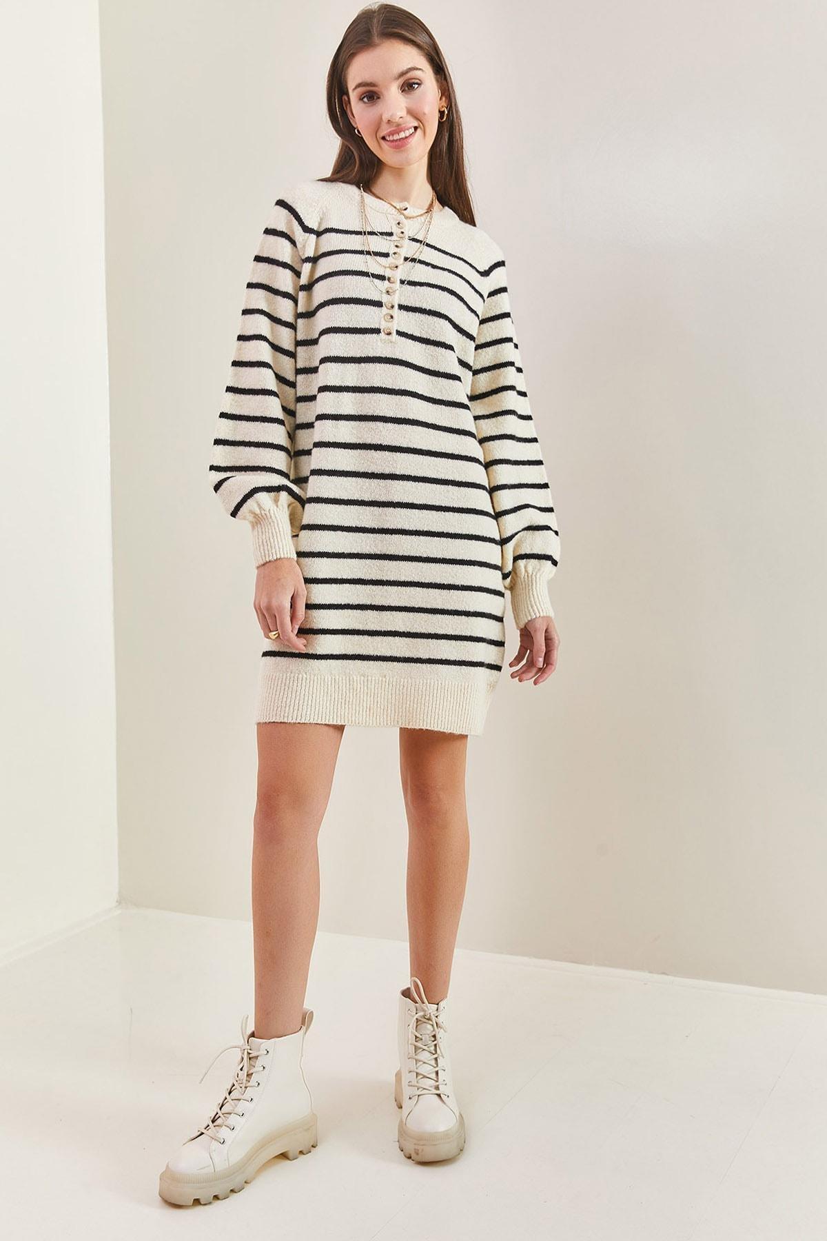 Multicolour Striped Buttoned Knitted Dress, C101_1881, large image number 0