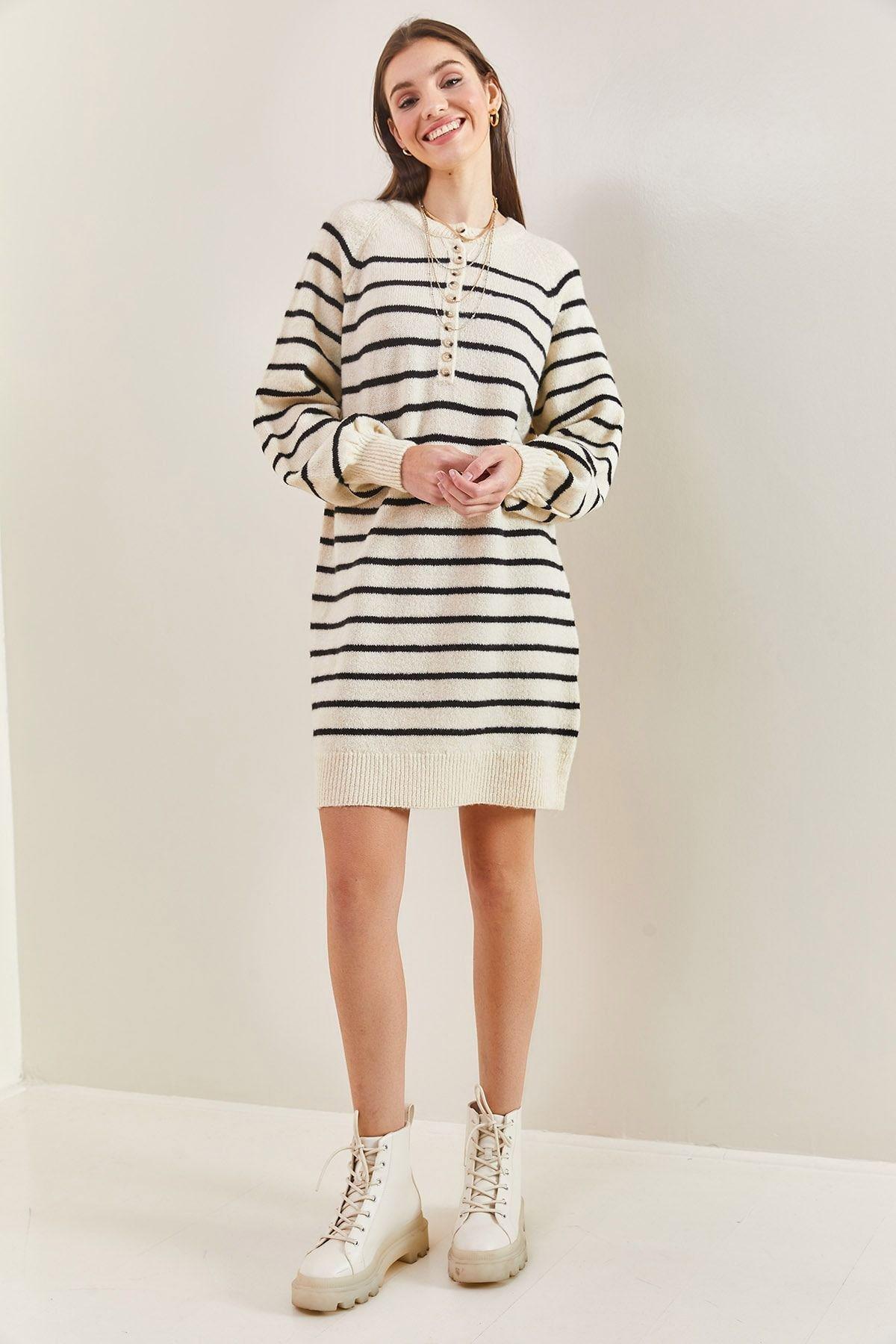 Multicolour Striped Buttoned Knitted Dress, C101_1881, large image number 3