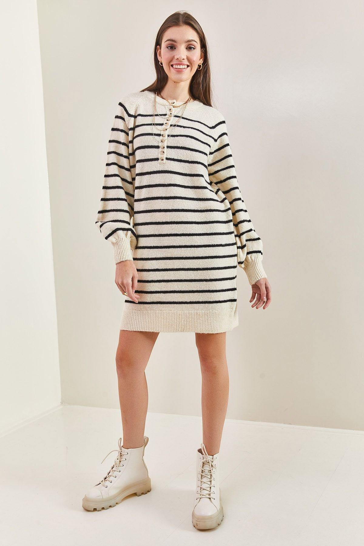 Multicolour Striped Buttoned Knitted Dress, C101_1881, large image number 5