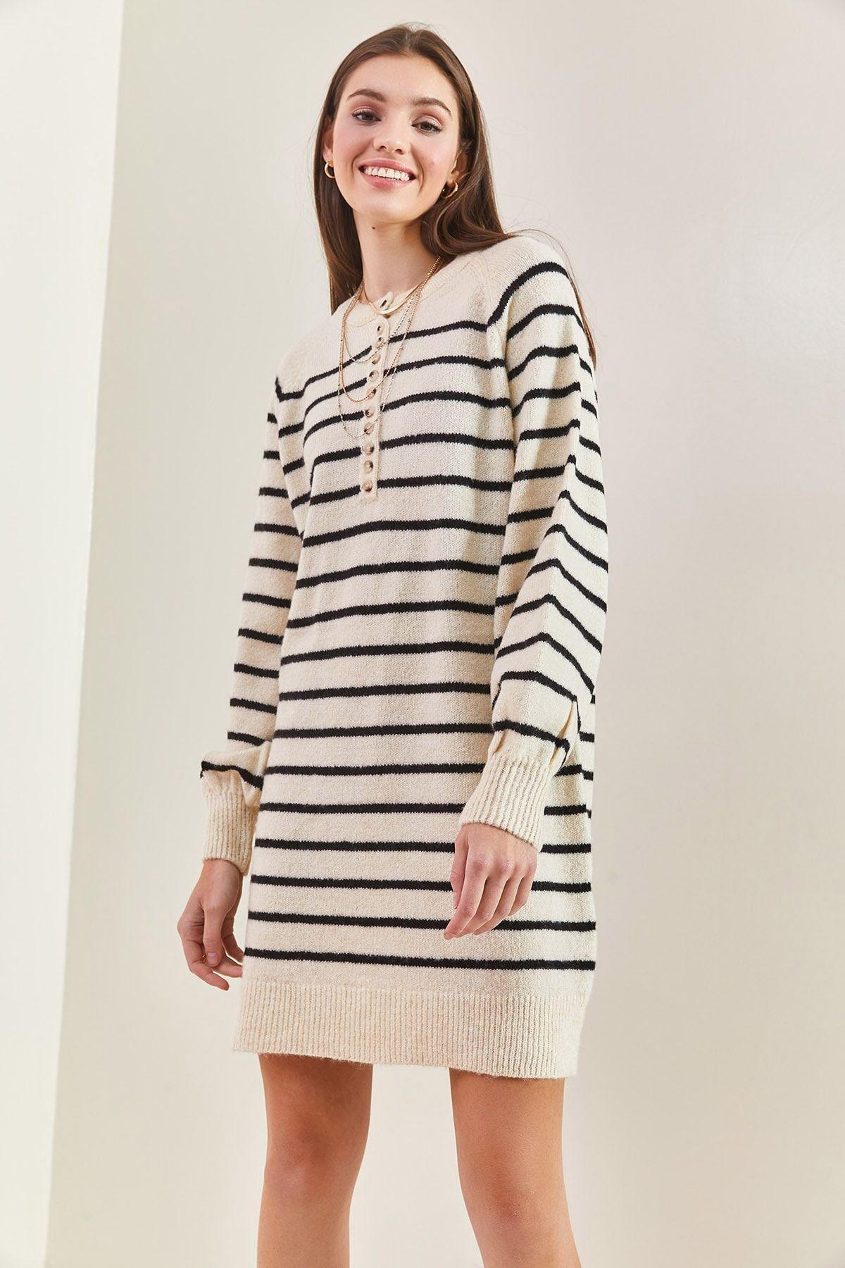 Multicolour Striped Buttoned Knitted Dress, C101_1881, large image number 6