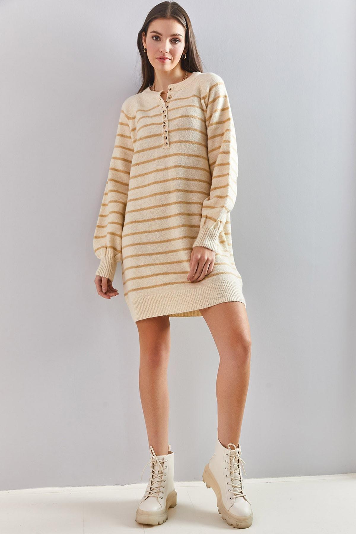 Multicolour Striped Buttoned Soft Knitted Dress, C101_4890, large image number 0
