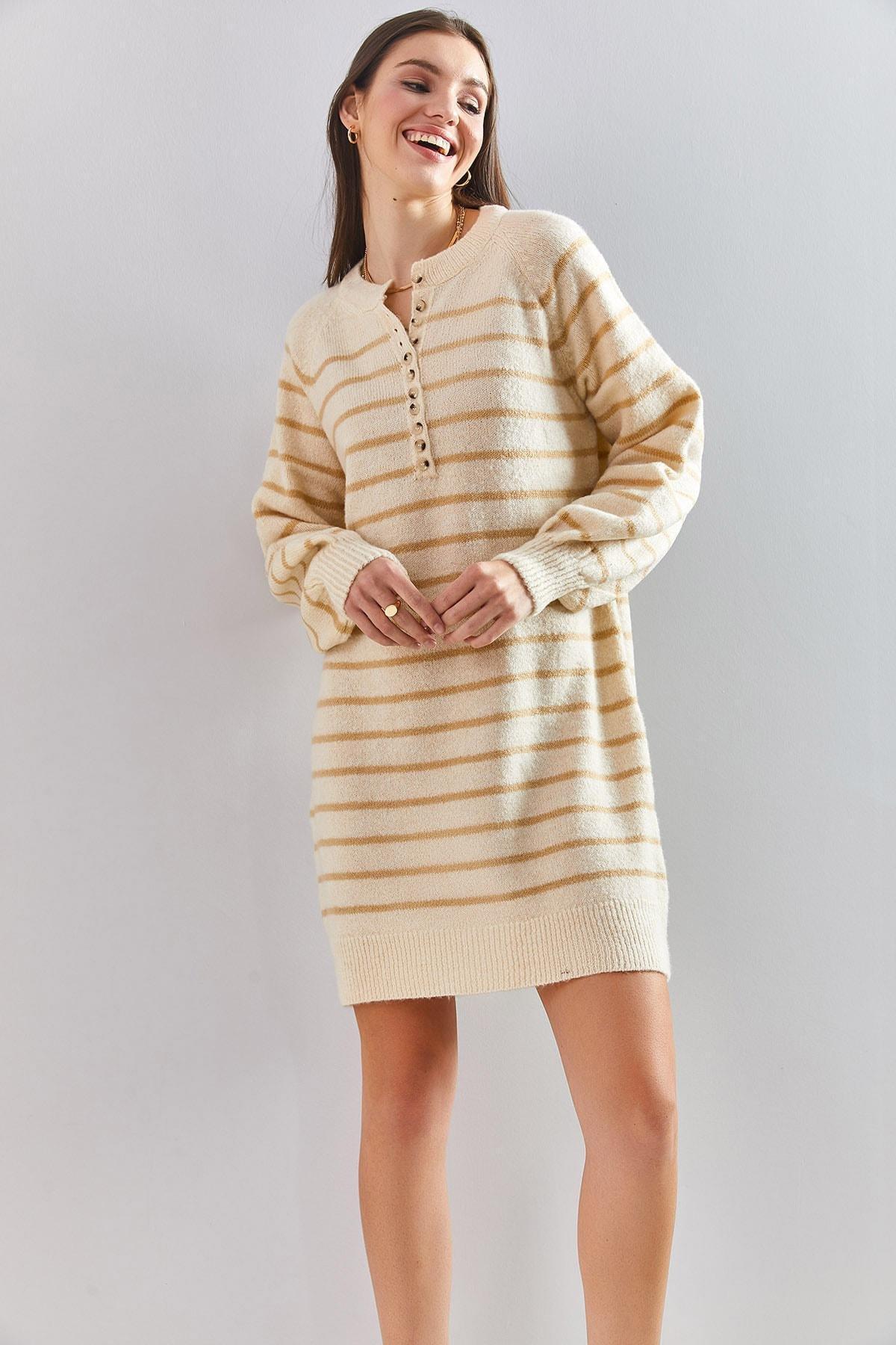 Multicolour Striped Buttoned Soft Knitted Dress, C101_4890, large image number 1