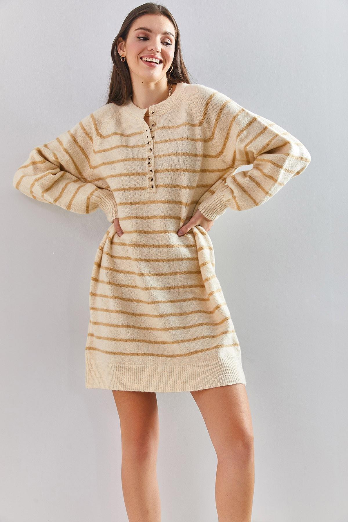 Multicolour Striped Buttoned Soft Knitted Dress, C101_4890, large image number 2
