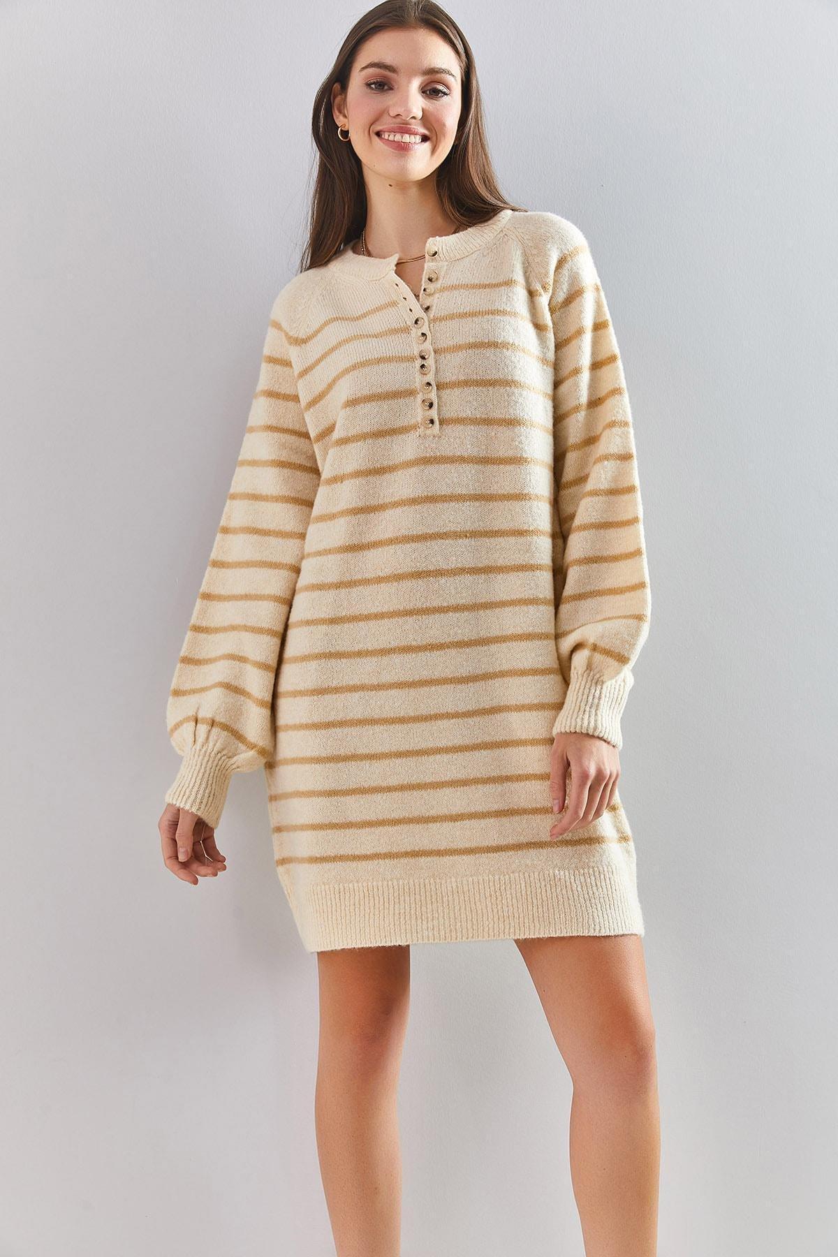 Multicolour Striped Buttoned Soft Knitted Dress, C101_4890, large image number 3