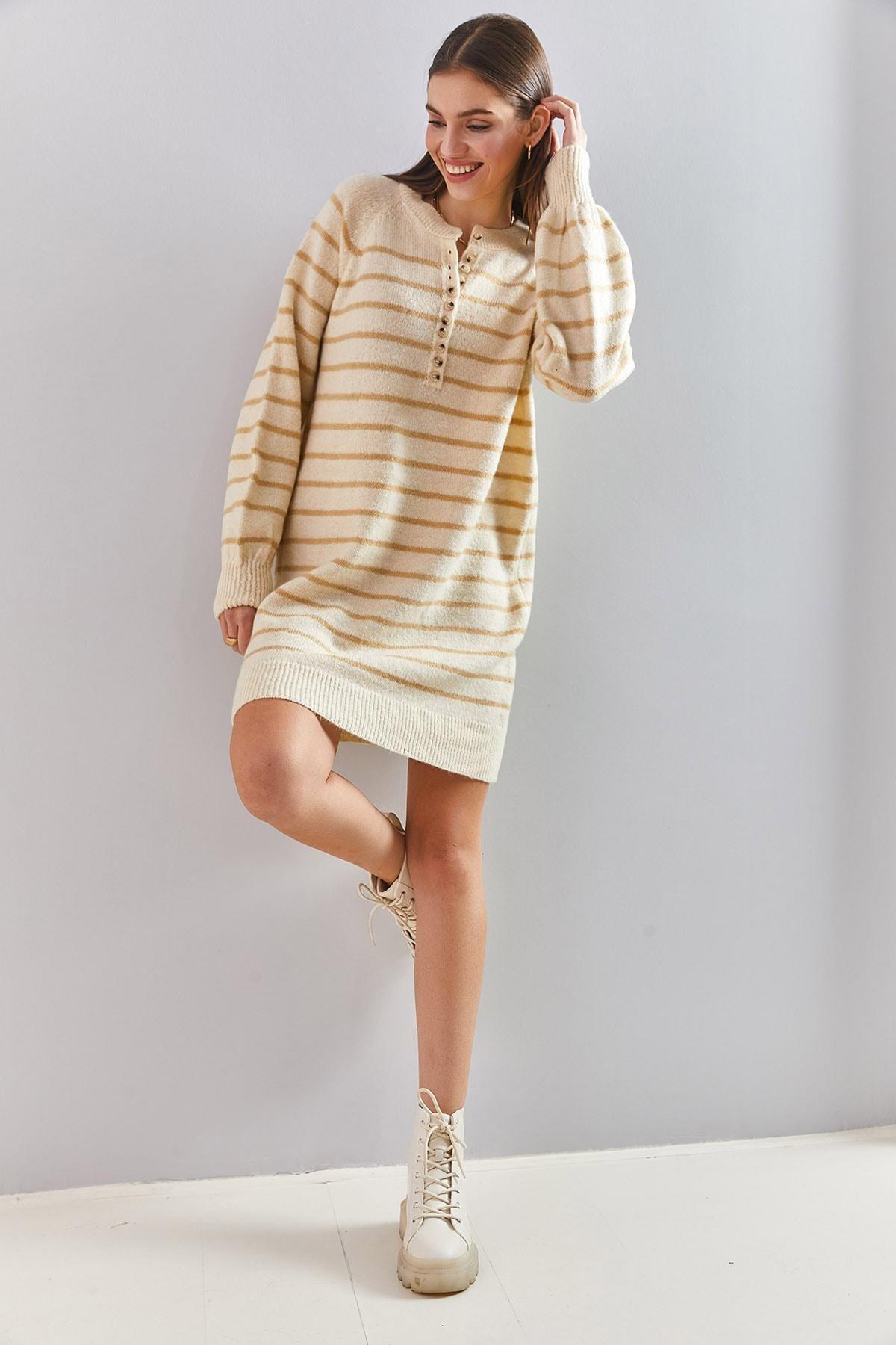 Multicolour Striped Buttoned Soft Knitted Dress, C101_4890, large image number 5