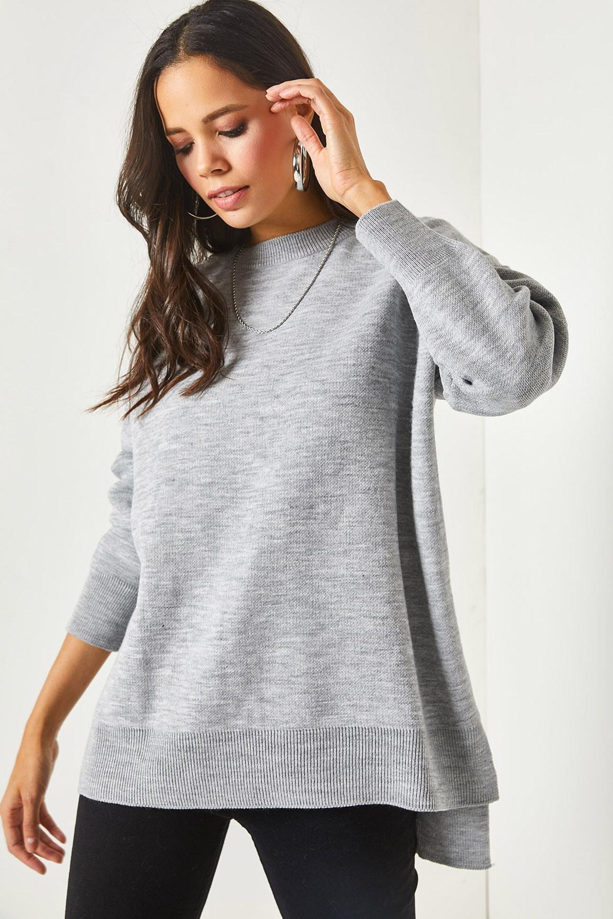 Grey Crew Neck Oversized Thick Sweater, Grey, large image number 0