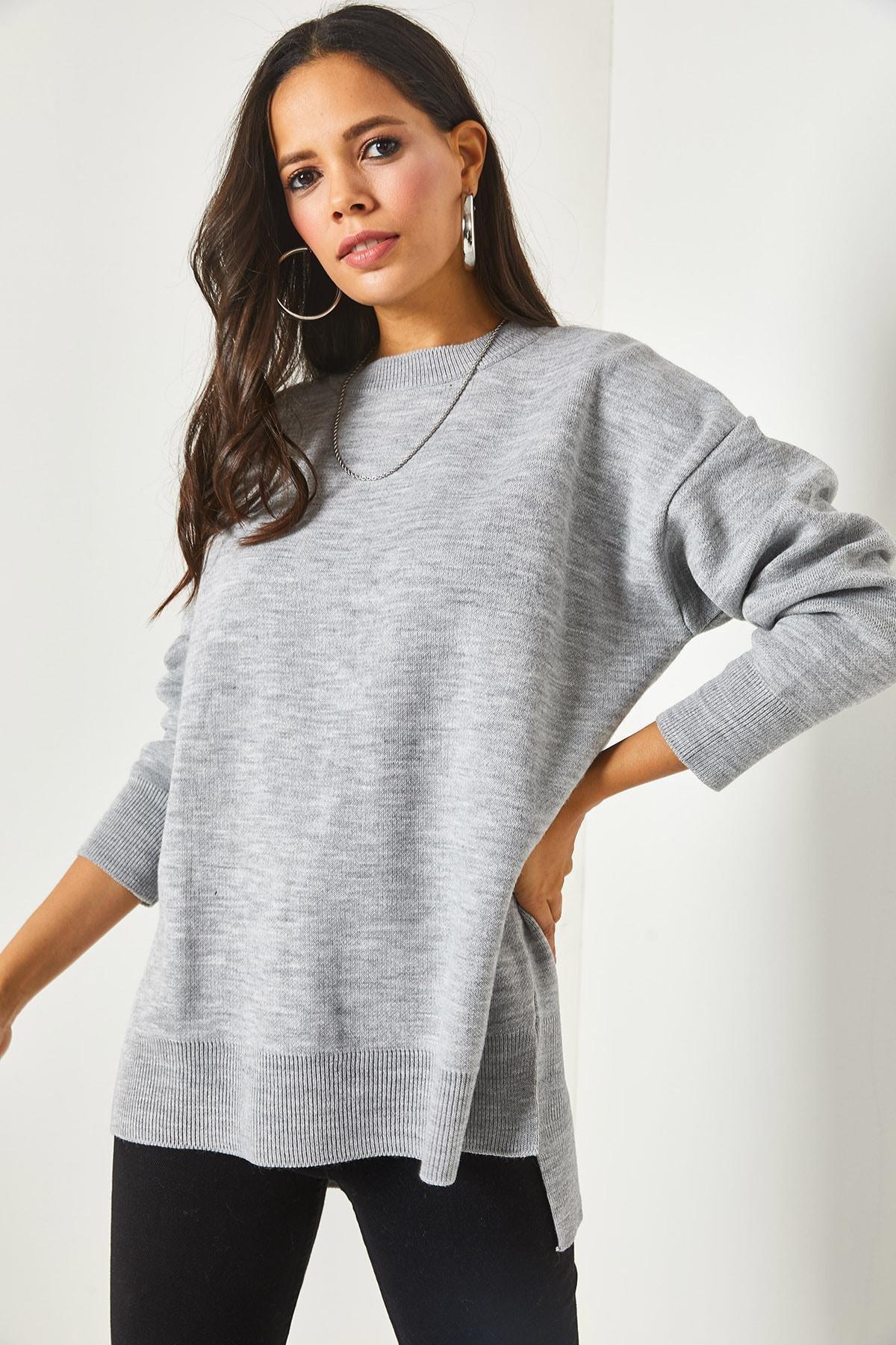 Grey Crew Neck Oversized Thick Sweater, Grey, large image number 1