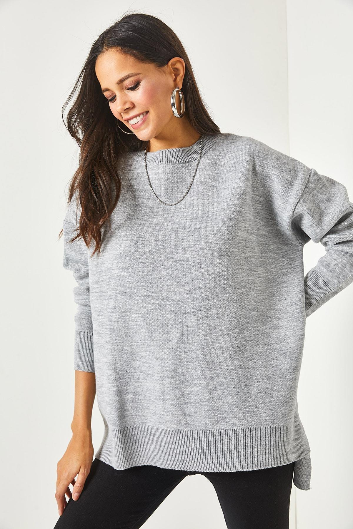 Grey Crew Neck Oversized Thick Sweater, Grey, large image number 3