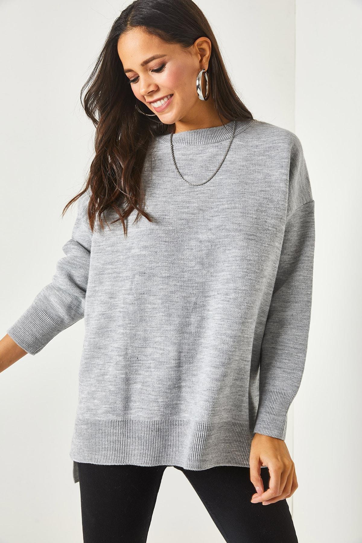 Grey Crew Neck Oversized Thick Sweater, Grey, large image number 4
