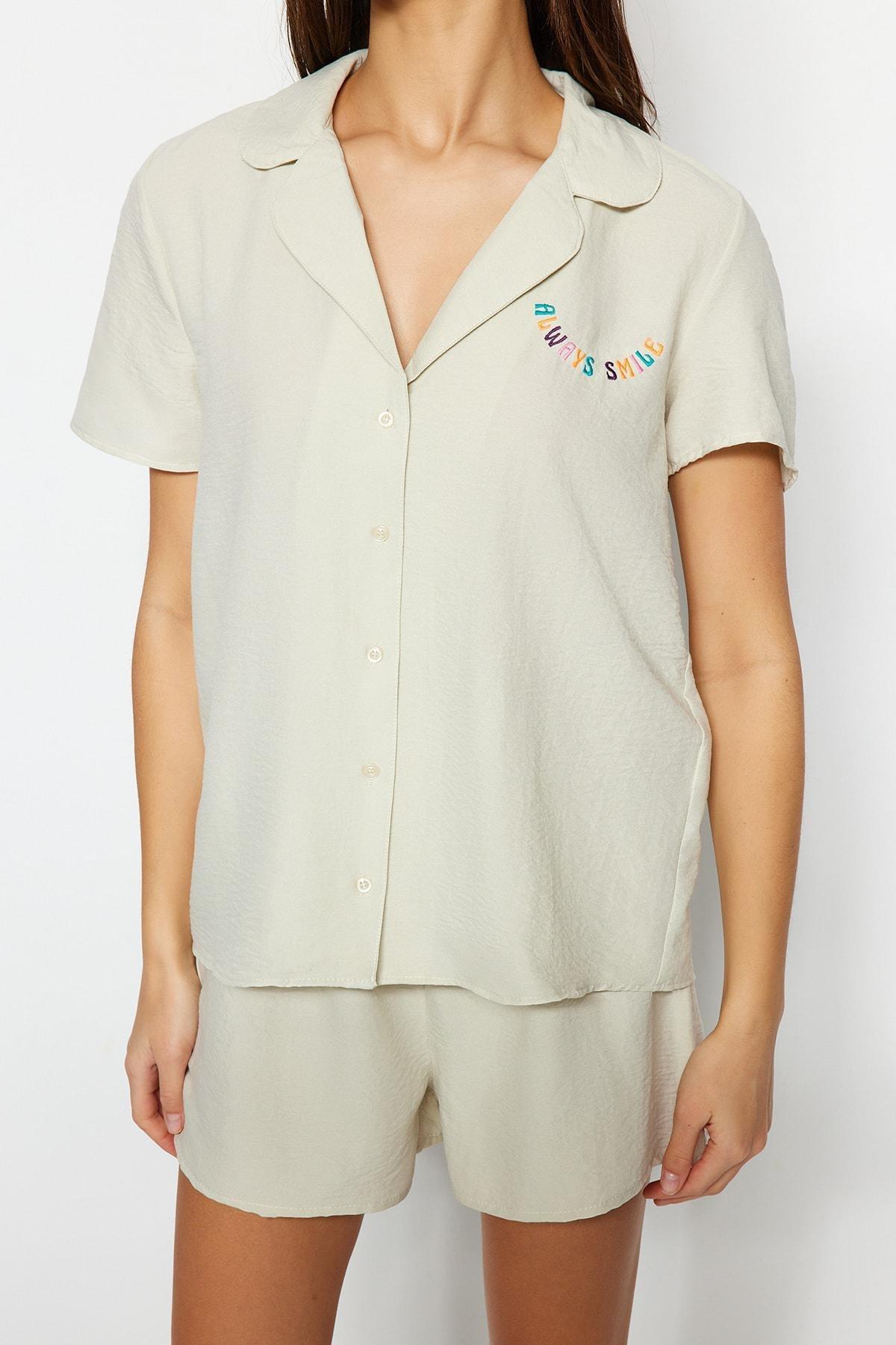 Beige Collared Pyjama Set, , large image number 0