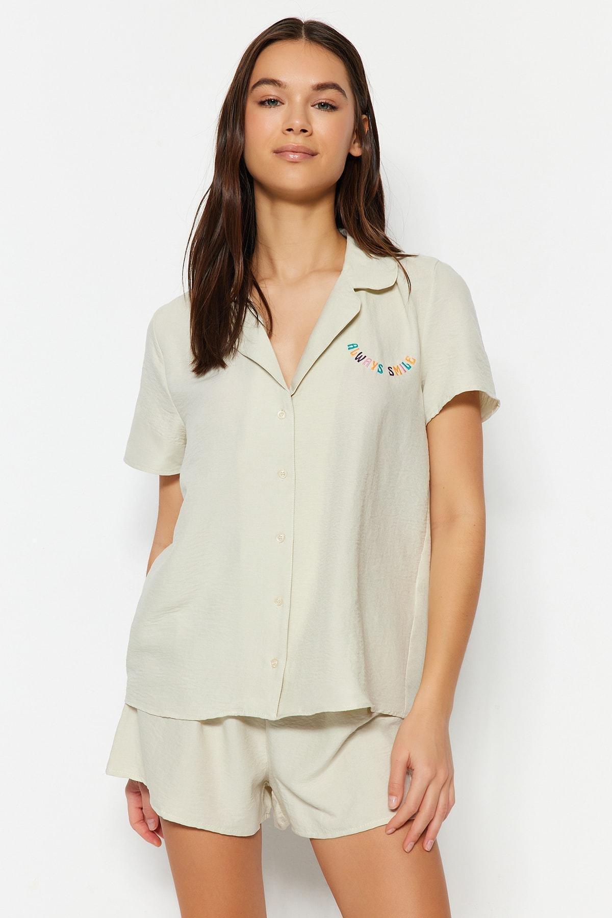 Beige Collared Pyjama Set, , large image number 1