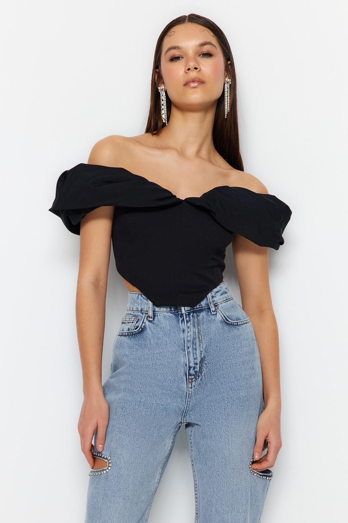 Black Fitted Carmen Collar Crop Top, , large image number 0