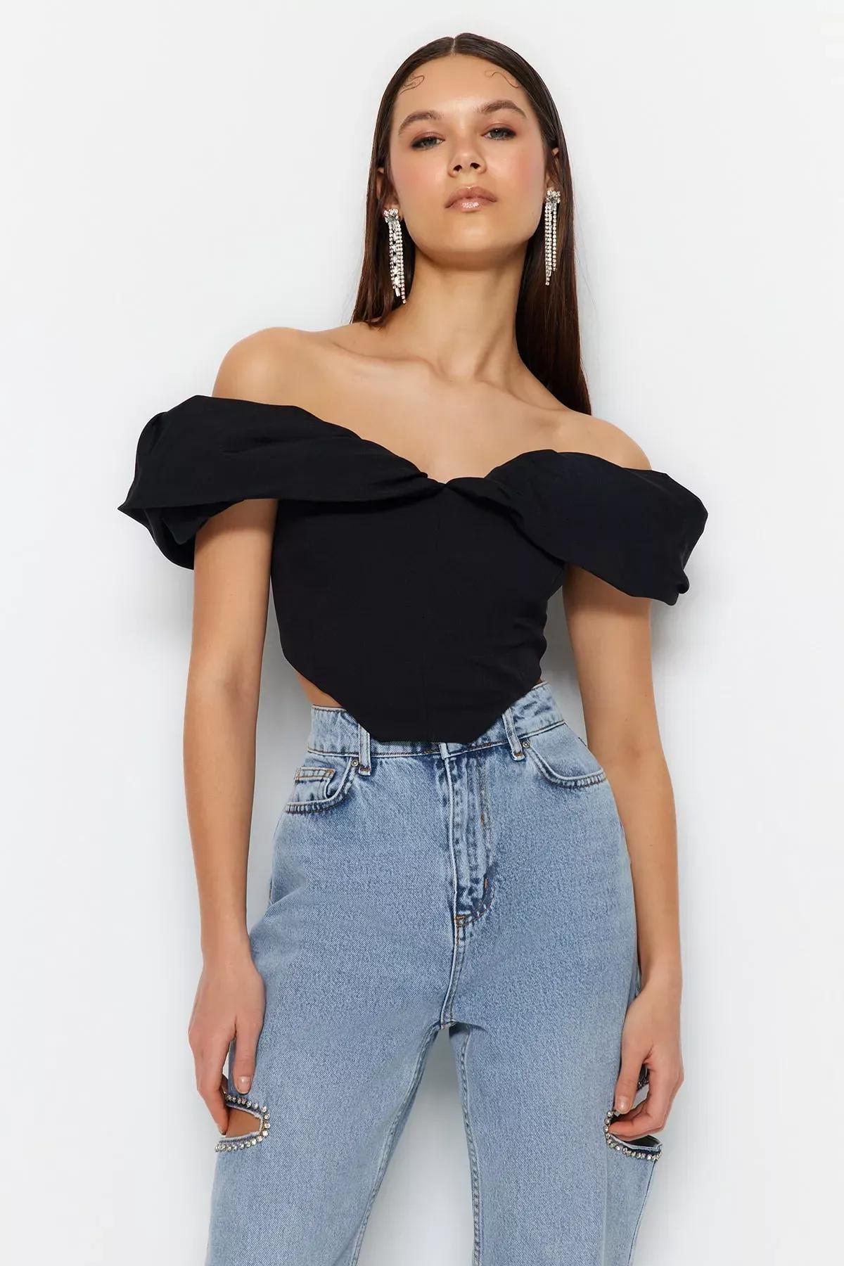 Black Fitted Carmen Collar Crop Top, Black, large image number 0