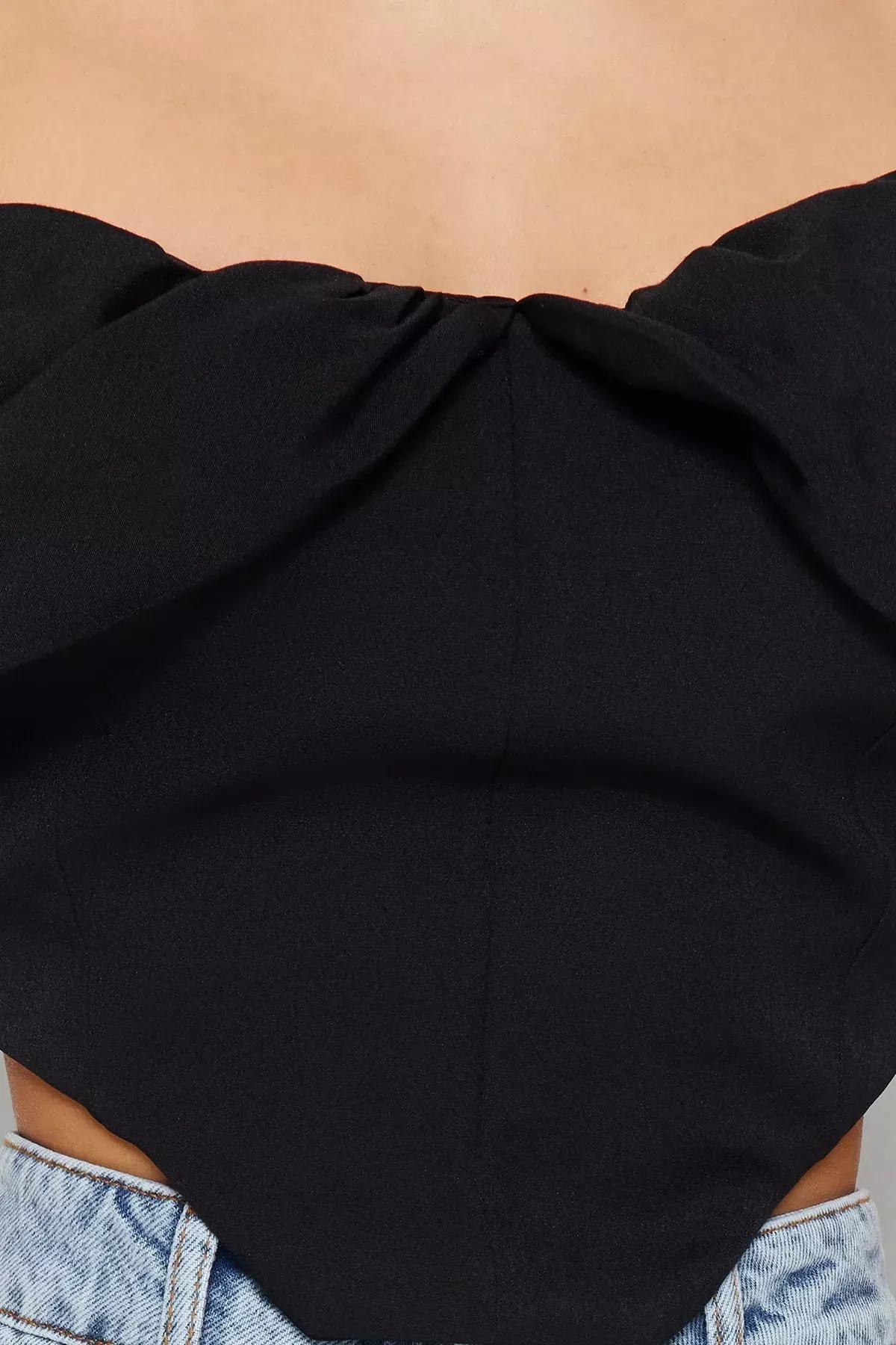 Black Fitted Carmen Collar Crop Top, Black, large image number 4