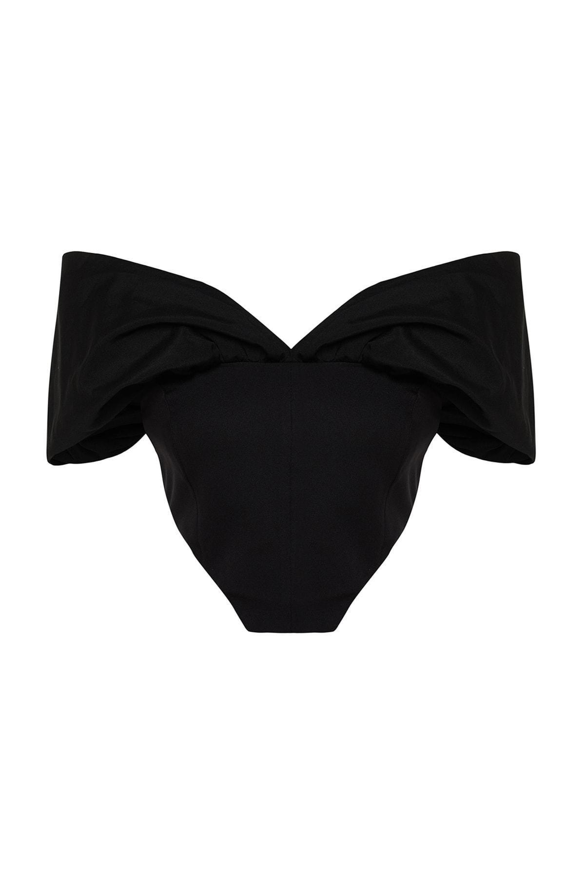 Black Fitted Carmen Collar Crop Top, , large image number 5