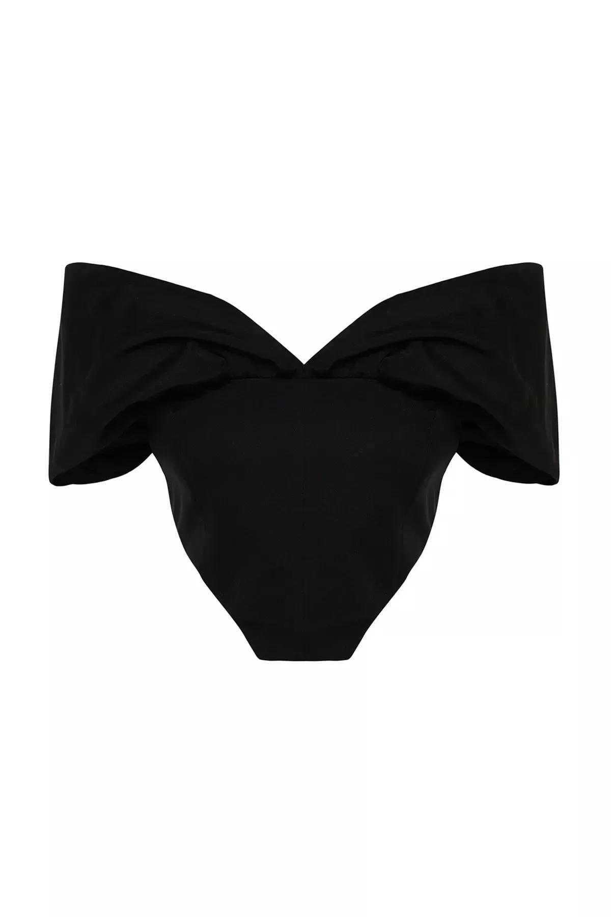 Black Fitted Carmen Collar Crop Top, Black, large image number 5