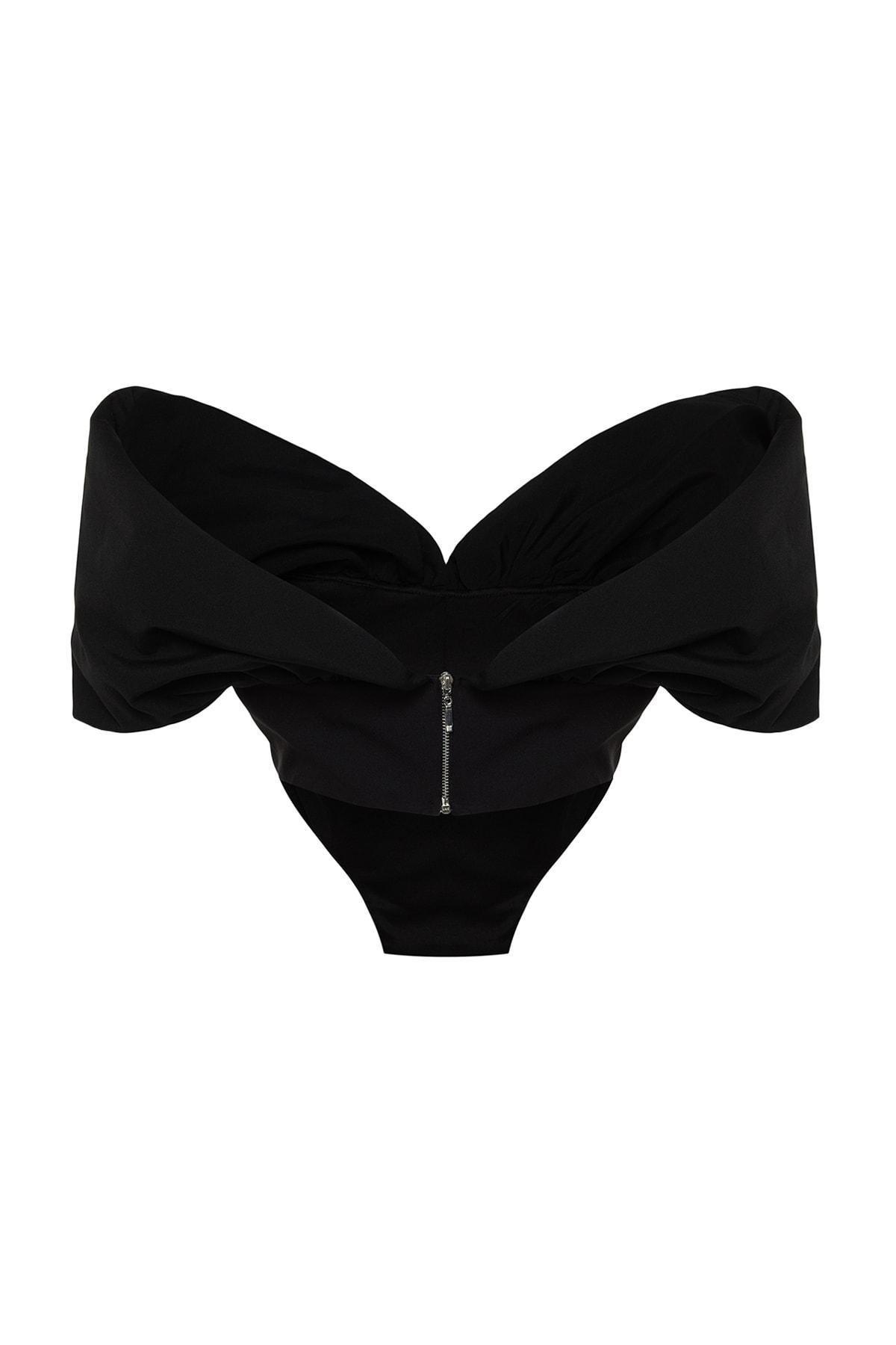 Black Fitted Carmen Collar Crop Top, , large image number 7
