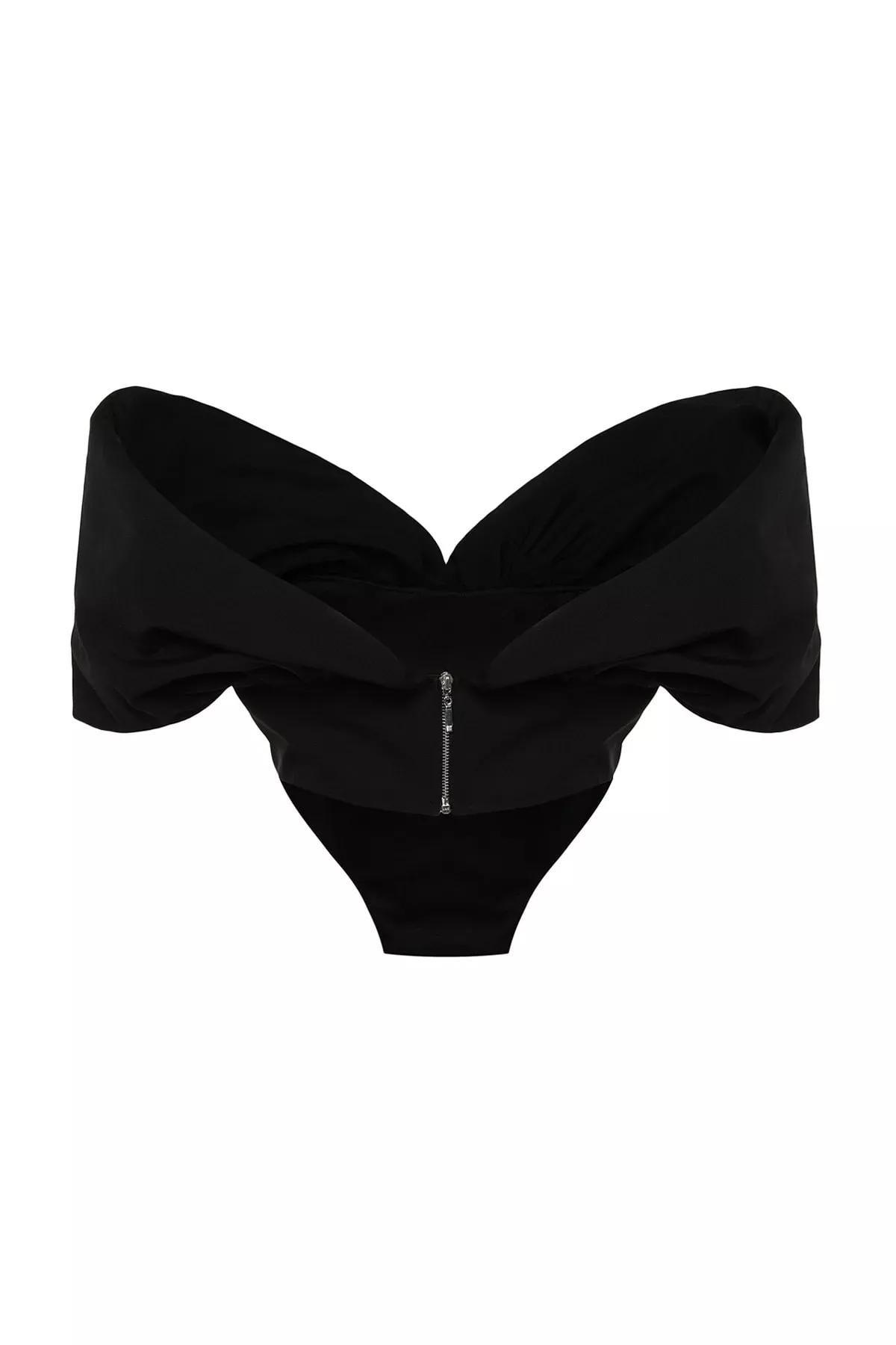 Black Fitted Carmen Collar Crop Top, Black, large image number 7