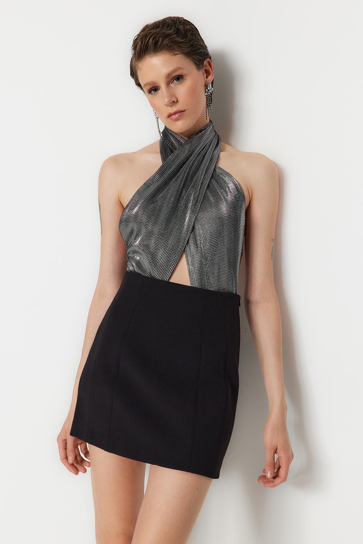 Black Asymmetrical Collar Fitted Bodysuit, , large image number 0