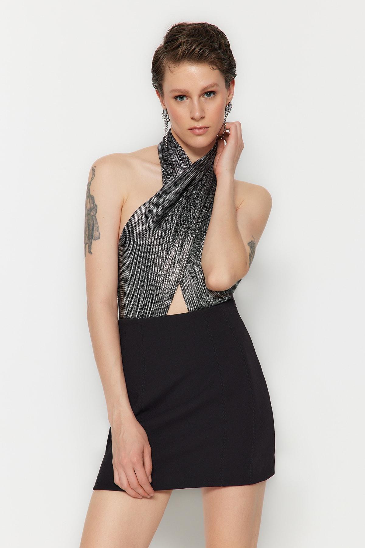 Black Asymmetrical Collar Fitted Bodysuit, , large image number 1
