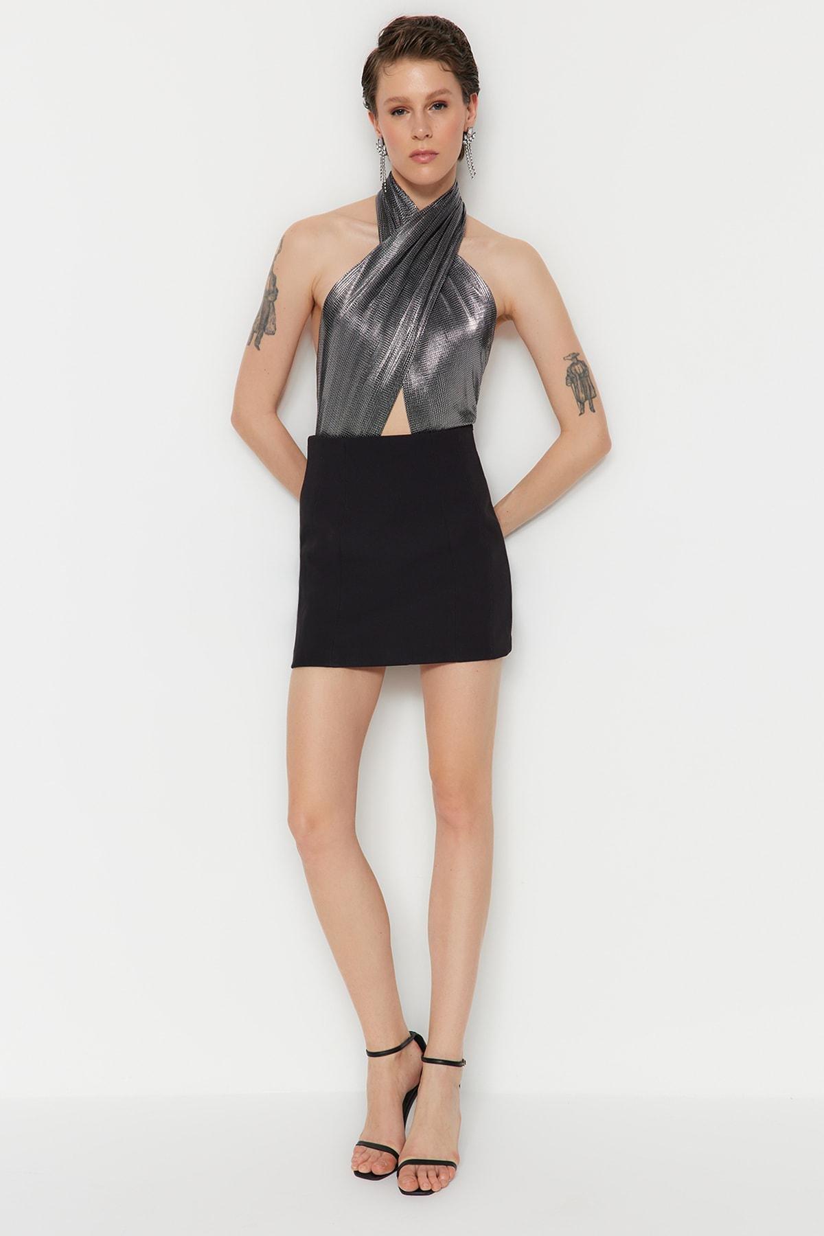 Black Asymmetrical Collar Fitted Bodysuit, , large image number 2