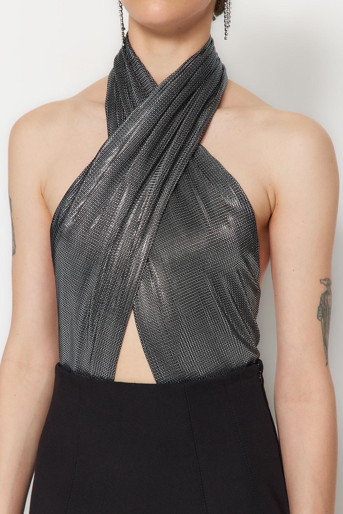 Black Asymmetrical Collar Fitted Bodysuit, , large image number 3