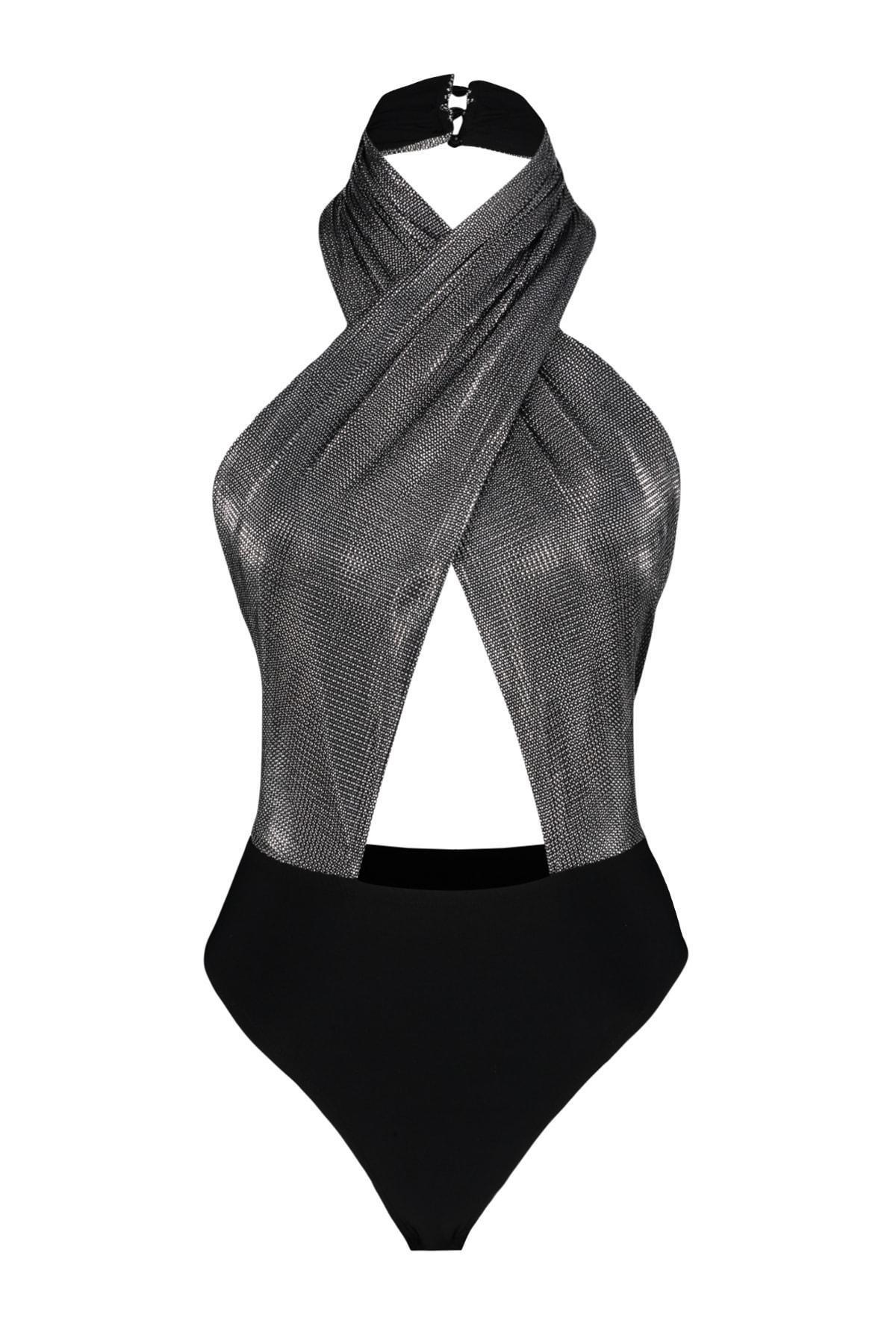 Black Asymmetrical Collar Fitted Bodysuit, , large image number 5