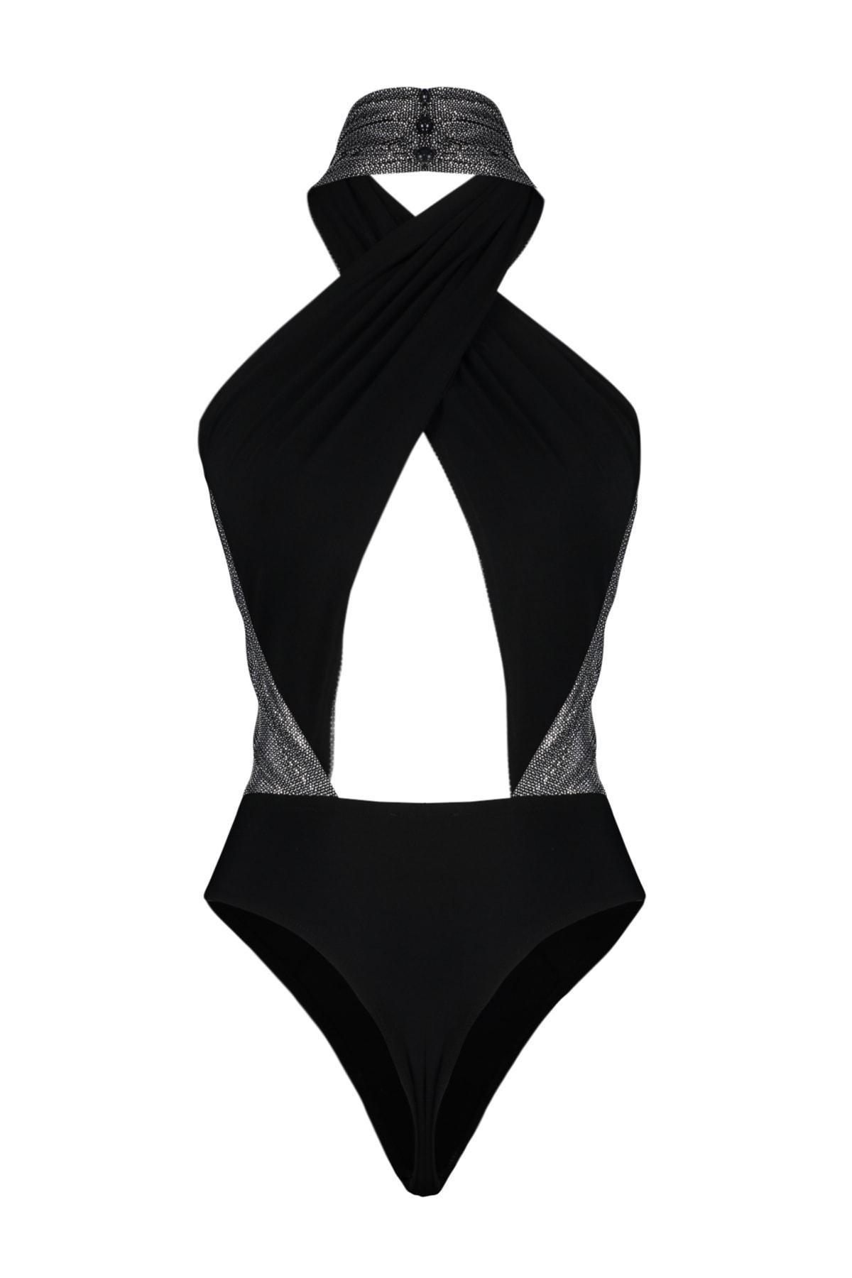 Black Asymmetrical Collar Fitted Bodysuit, , large image number 7