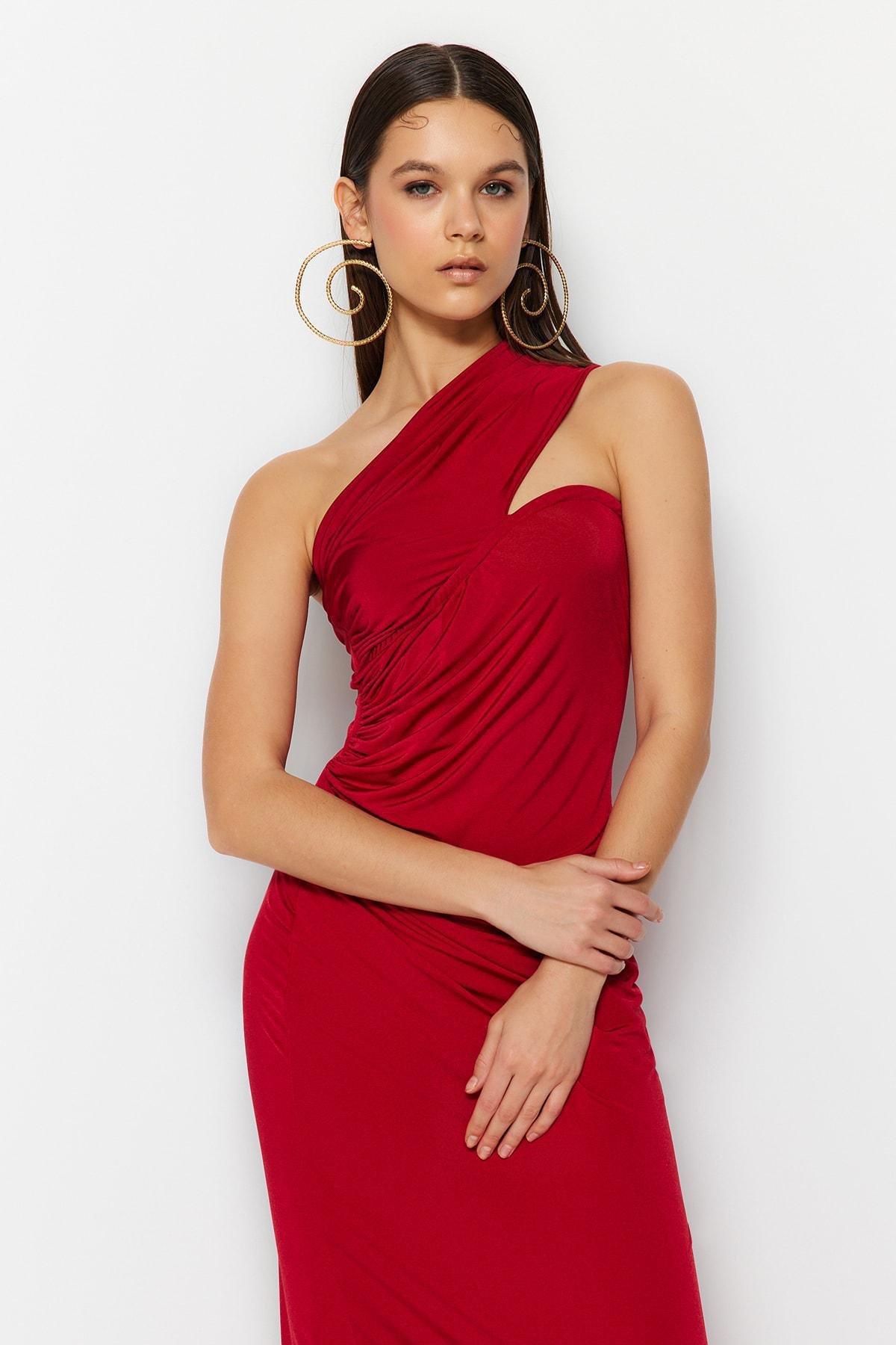 Trendyol - Burgundy Asymmetrical Collar Occasionwear Dress