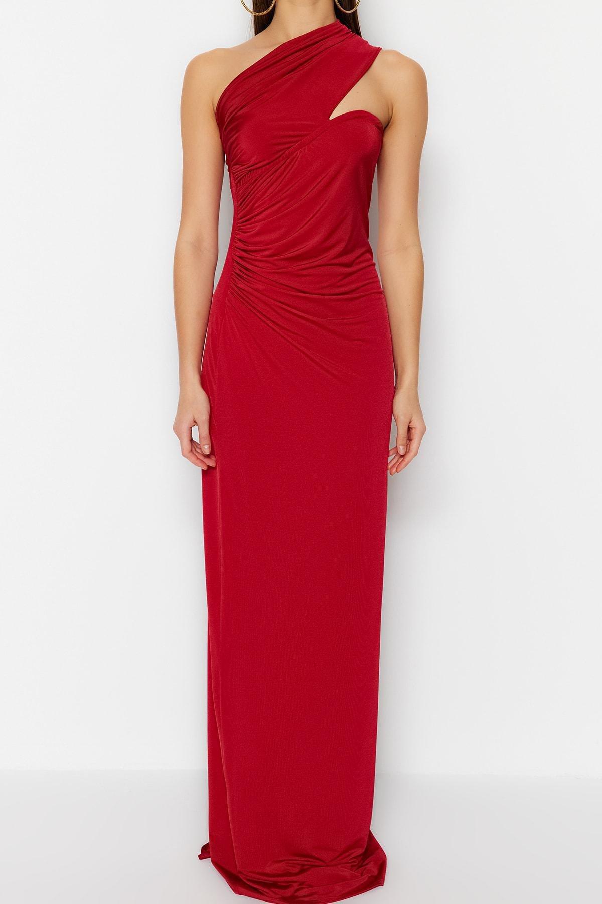 Trendyol - Burgundy Asymmetrical Collar Occasionwear Dress