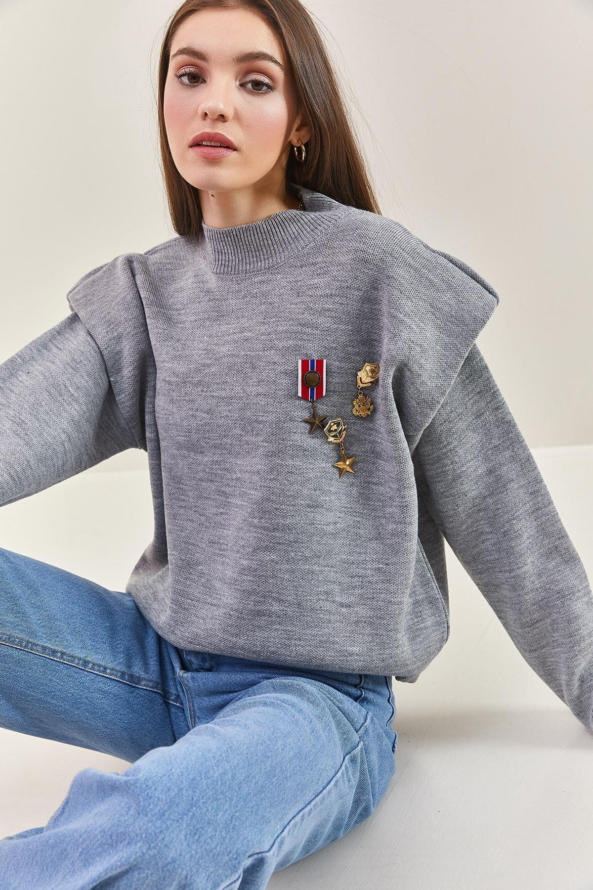 Grey Brooch Shoulder Detailed Sweater, C101_1653, large image number 0
