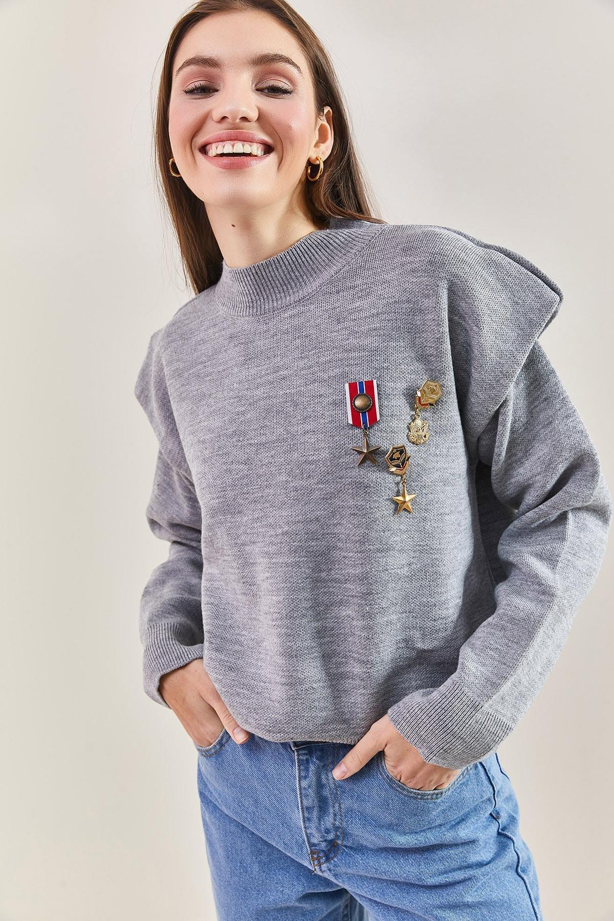 Grey Brooch Shoulder Detailed Sweater, C101_1653, large image number 4