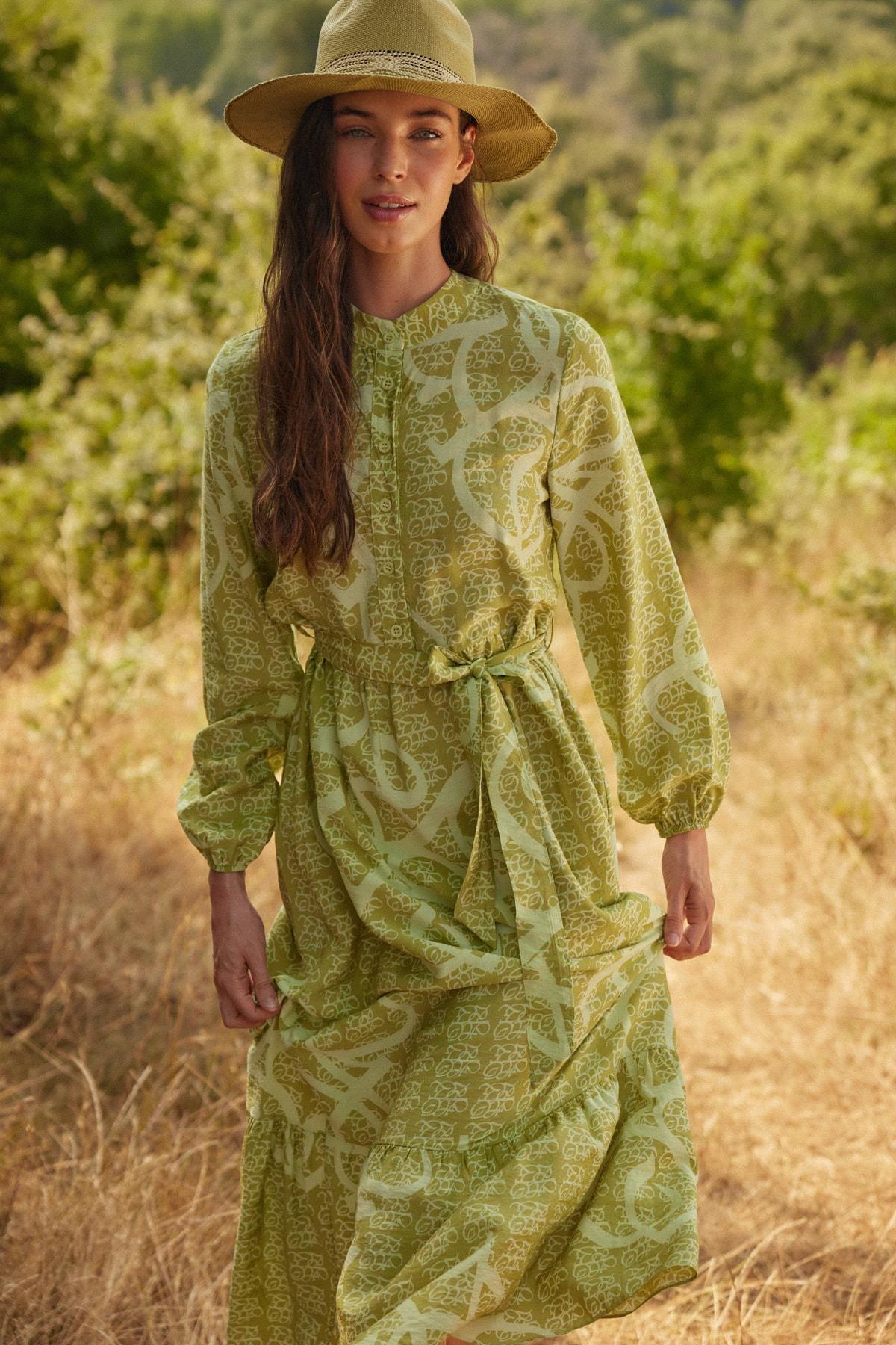 Green Belted Woven Patterned Dress, , medium