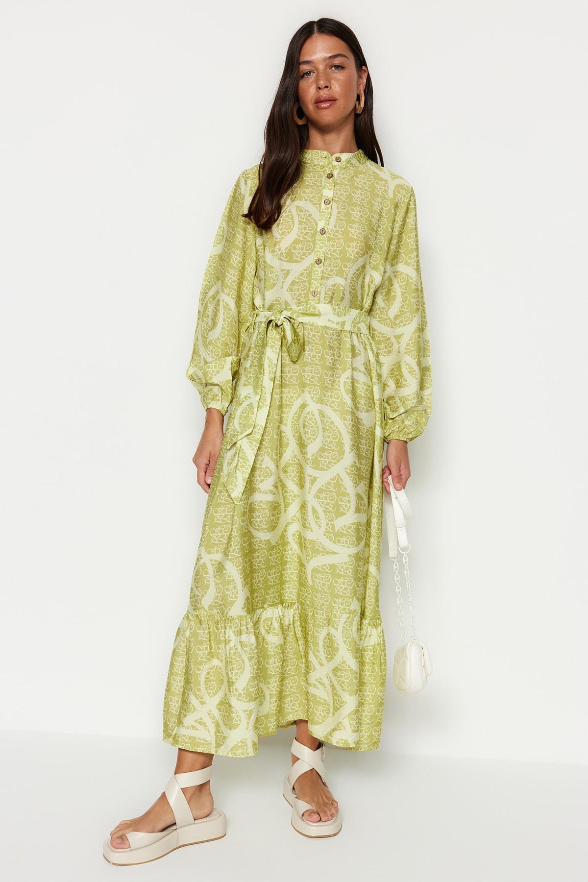 Green Belted Woven Patterned Dress, , large image number 1