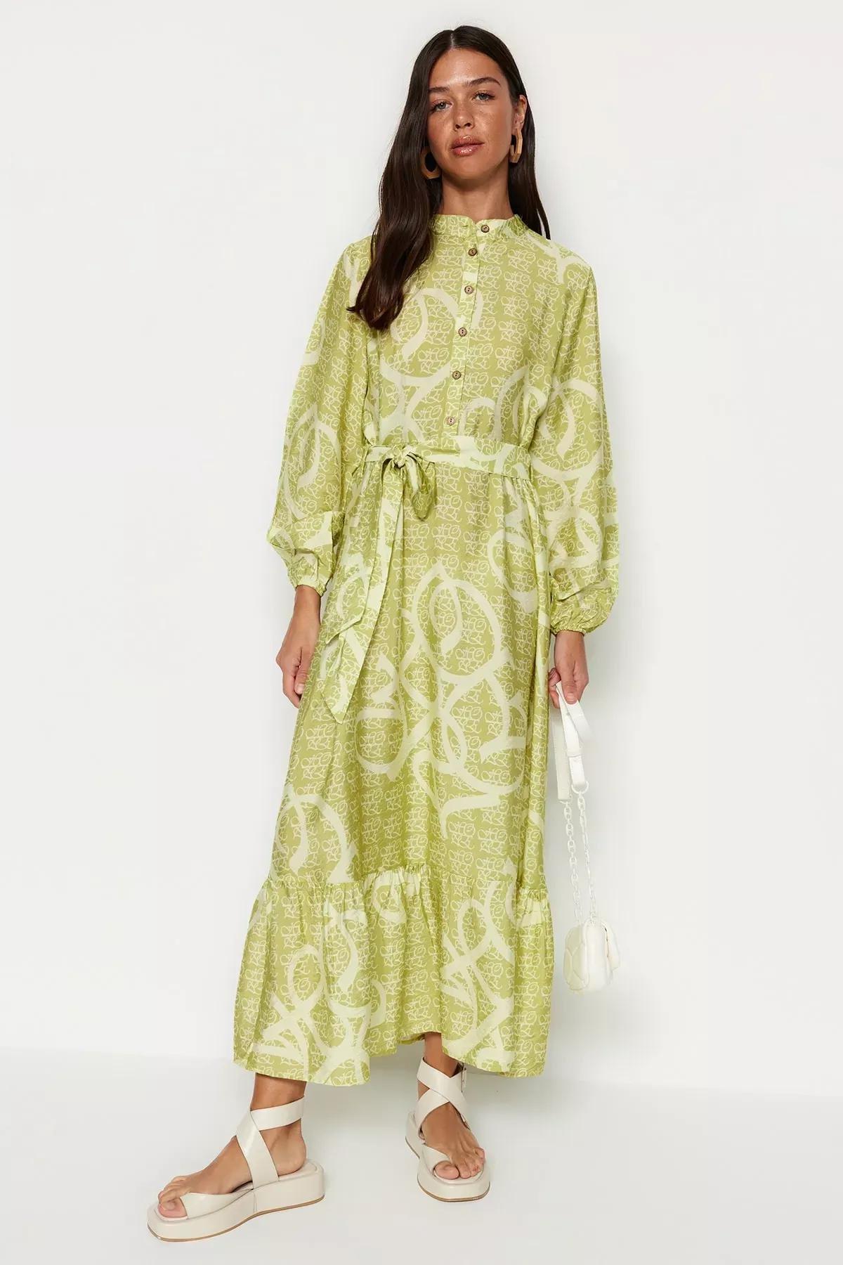 فستان منسوج بنمط منقوش وحزام، أخضر, OIL GREEN, large image number 1
