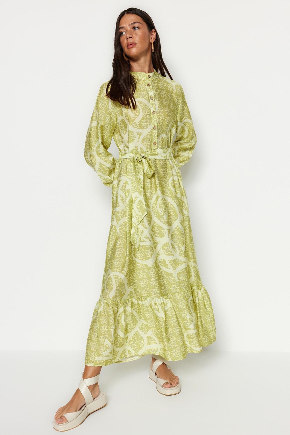 Green Belted Woven Patterned Dress, , large image number 2